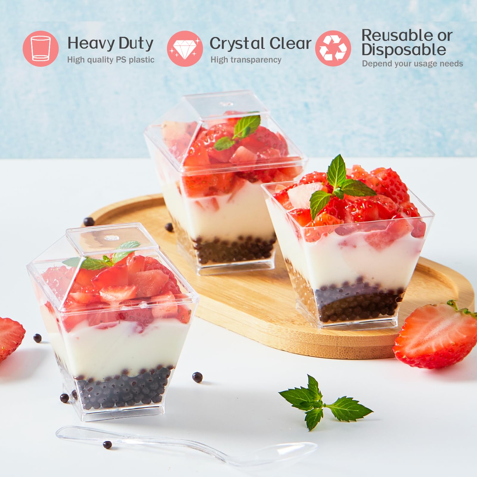 Qeirudu 2 Oz Mini Dessert Cups With Lids And Spoons -100 Pack Plastic Shooter Cups For Desserts Small Square Serving Cups For Pa