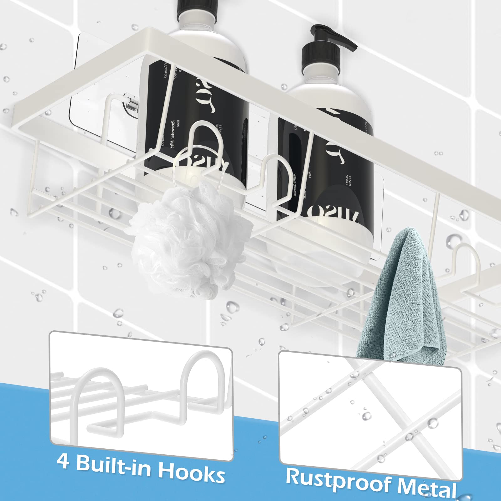 Durmmur 2 Pack Adhesive White Shower Caddy Organizer with Hooks  Rustproof No Drilling Wall Mounted Storage Shelf Rack for Inside Shower/Bathroom/Kitchen
