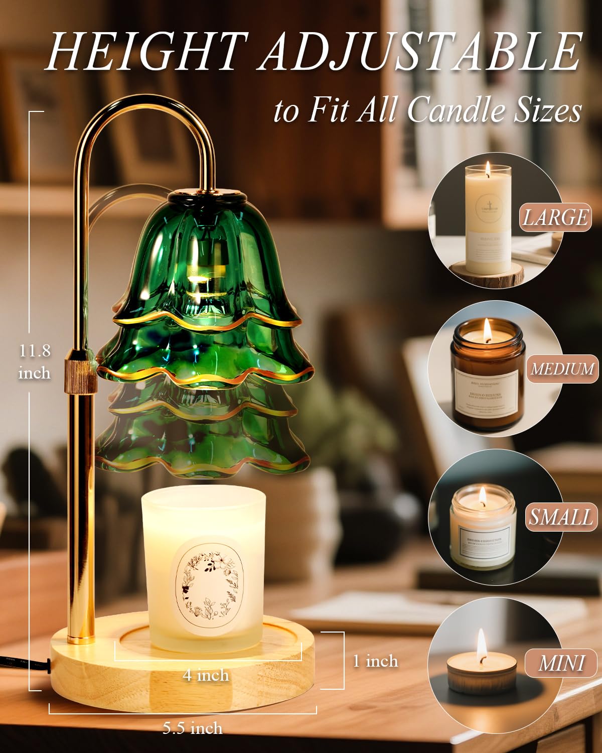 Green Candle Warmer Lamp with Timer Dimmable, Flower Candle Warming Light Height Adjustable, Wax Melt Warmer Candle Lamp for Jar