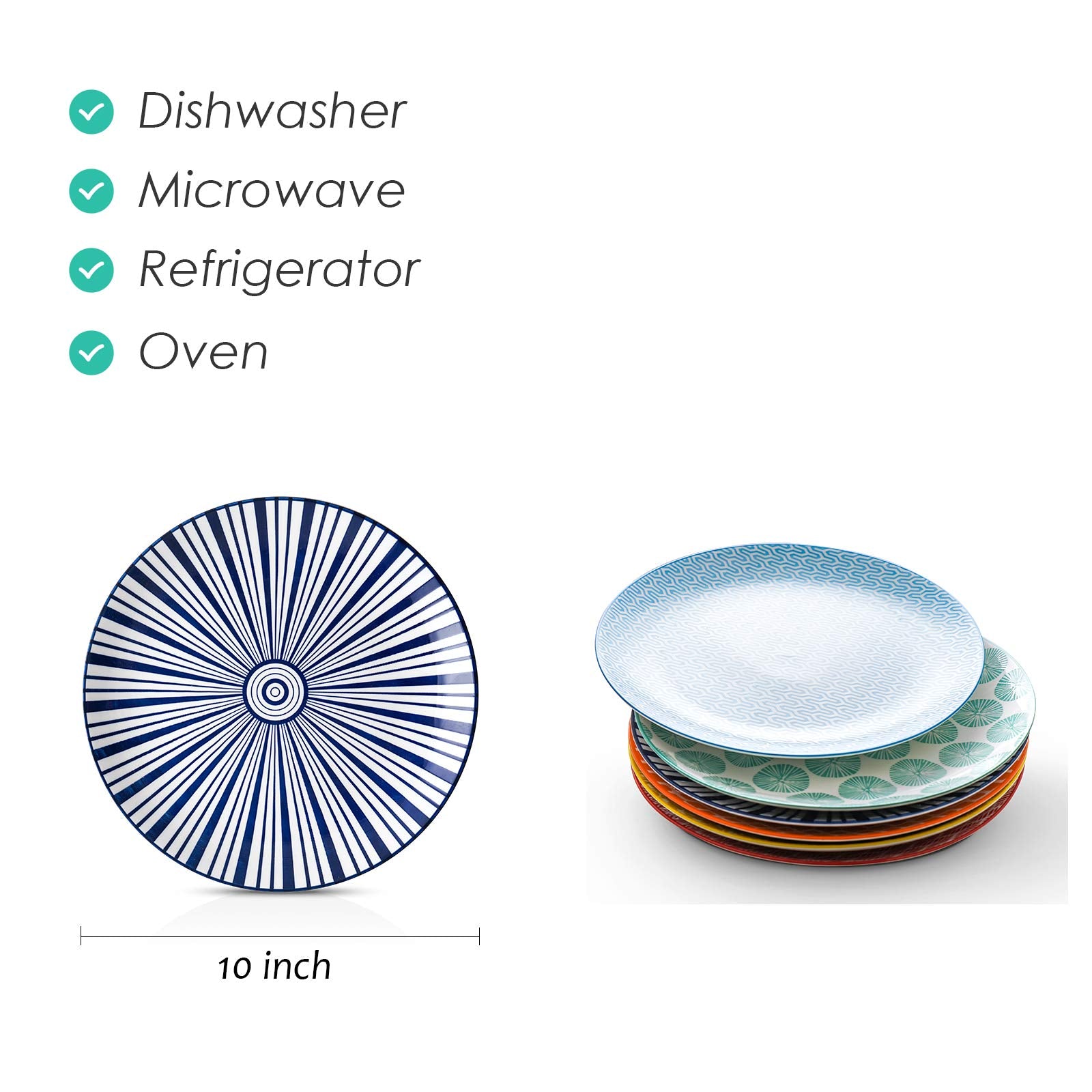 Selamica 10 Inch Porcelain Dinner Plates, Large Size Serving Plate For Salad, Pancakes, Steak, Set Of 6, Assorted Colors