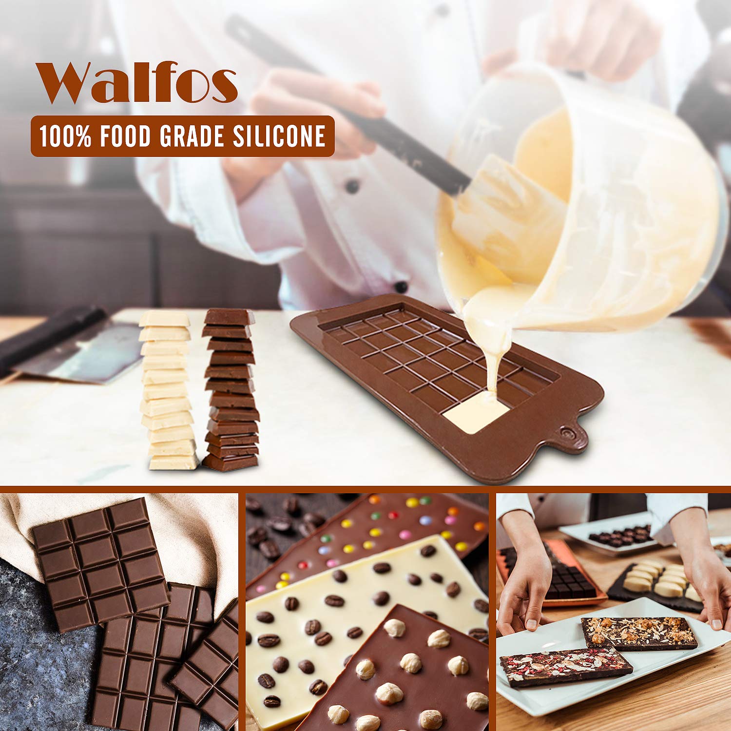 Walfos Break-Apart Chocolate Molds, Non-Stick Silicone Chocolate Bar Mold, Food Grade Candy Bar Mold, Perfect For Energy Bar, Co
