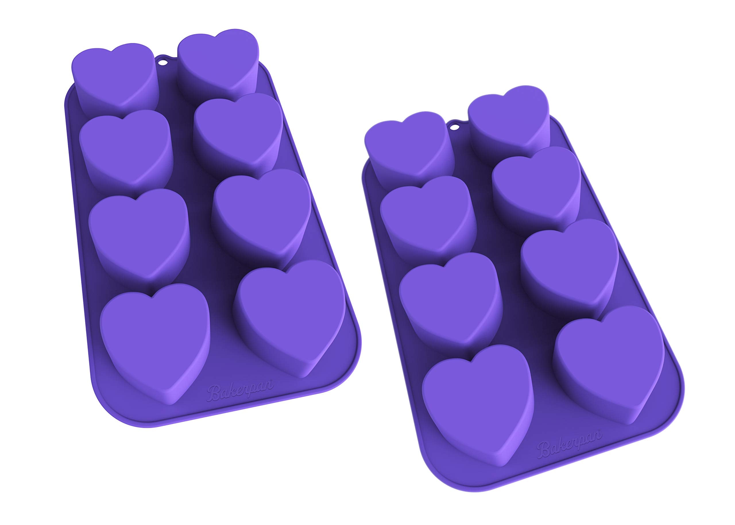 Bakerpan Silicone Mini Cake Pan, Muffin Baking Tray, Pastry Mold, 2 1/4 Inch Hearts, 8 Cavities (Purple) Set Of 2