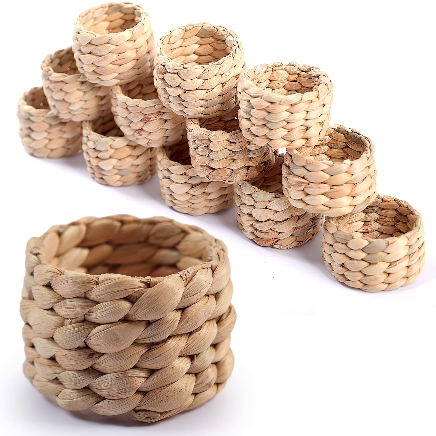 12Pcs Round Woven Napkin Ring, Water Hyacinth Napkins Rings, Rustic Napkin Rings, Handmade Braided Grass And Bead Napkin Ring, F