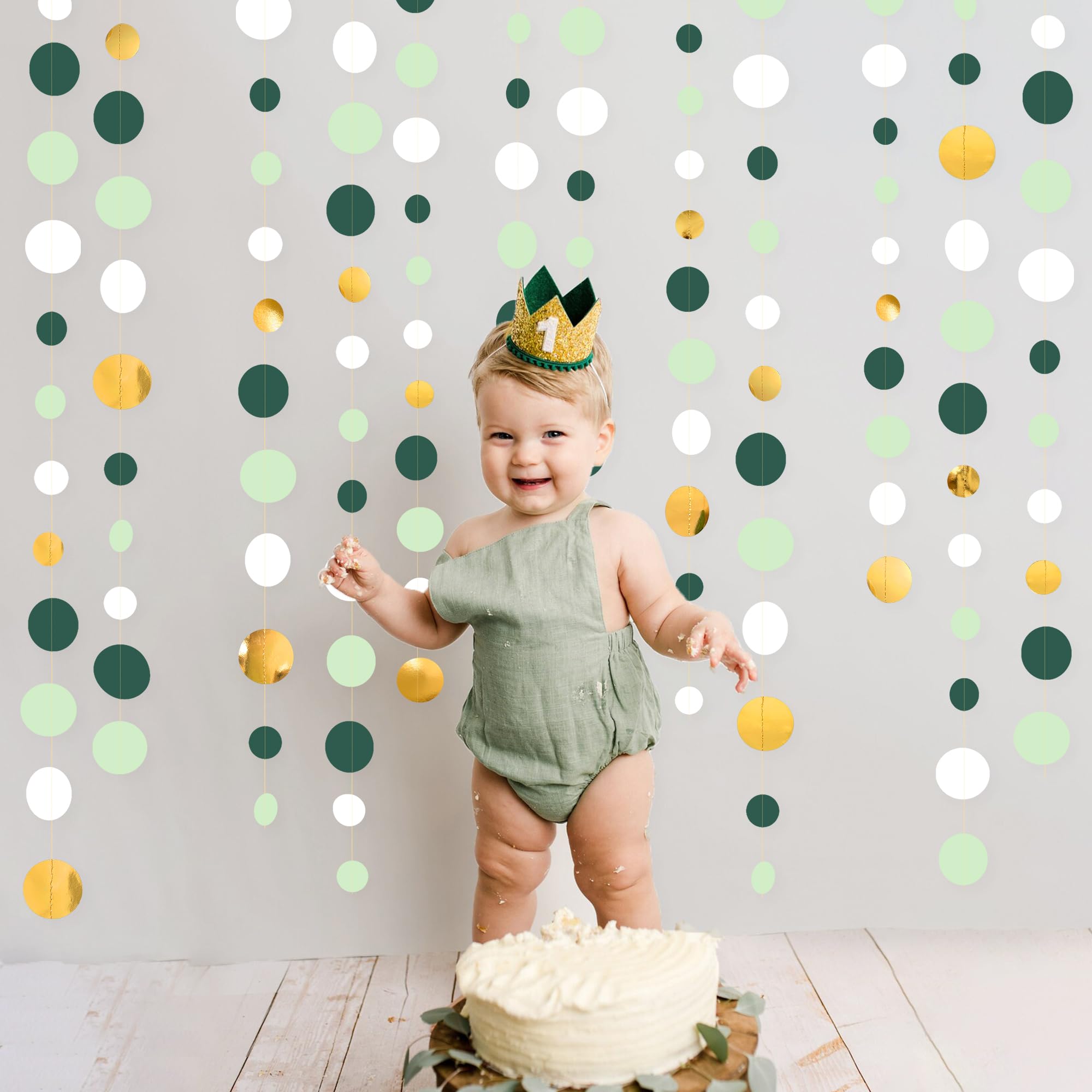 46 Ft Sage Green Gold Party Decorations Polka Dots Garlands Hanging Paper Circle Dots Streamer For Safari Wild Woodland Jungle T