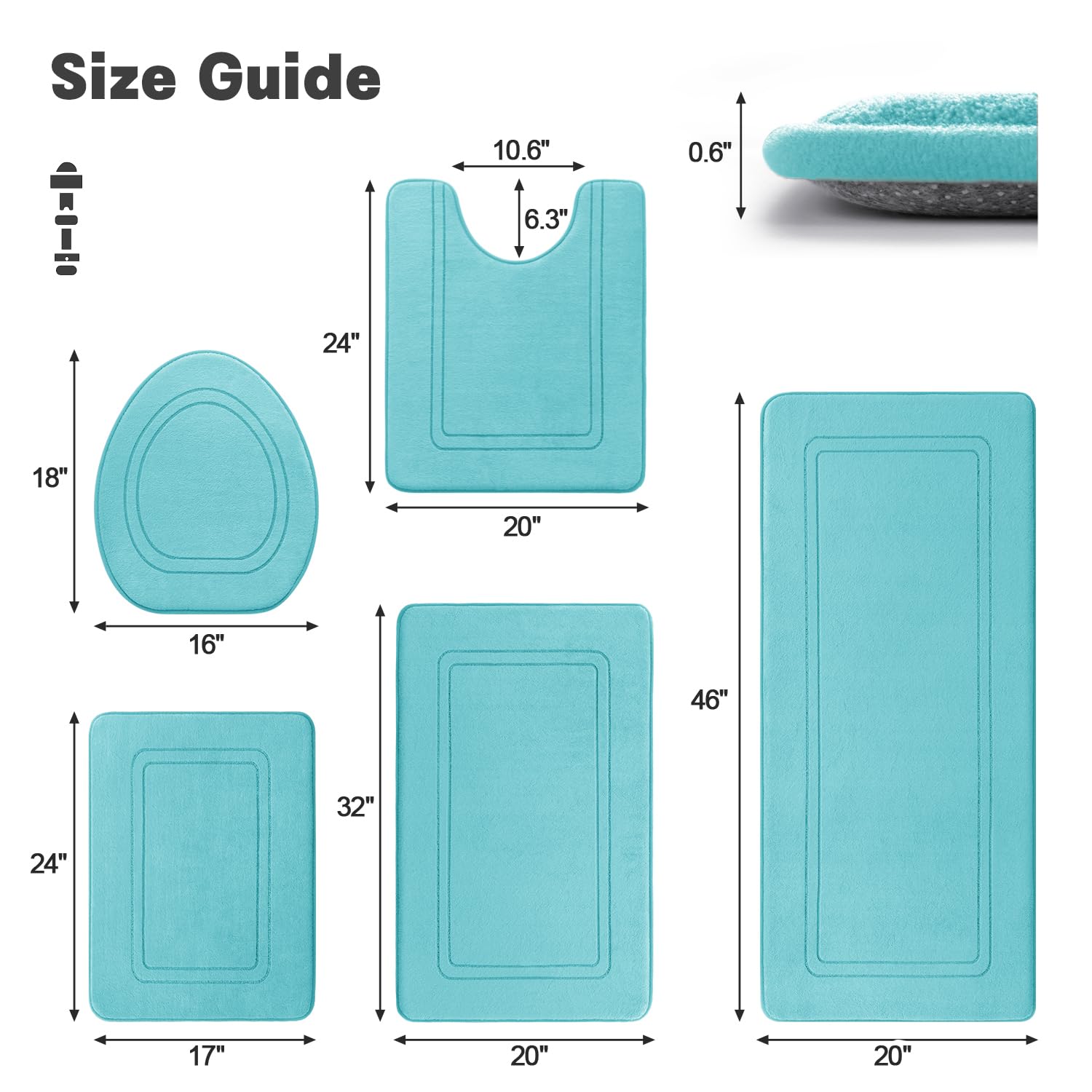 Yihouse Teal Memory Foam Bathroom Rug Set 5 Piece, Absorbent Bathroom Mat Set, Non Slip Bath Mats For Bathroom, Washable & Dry Q