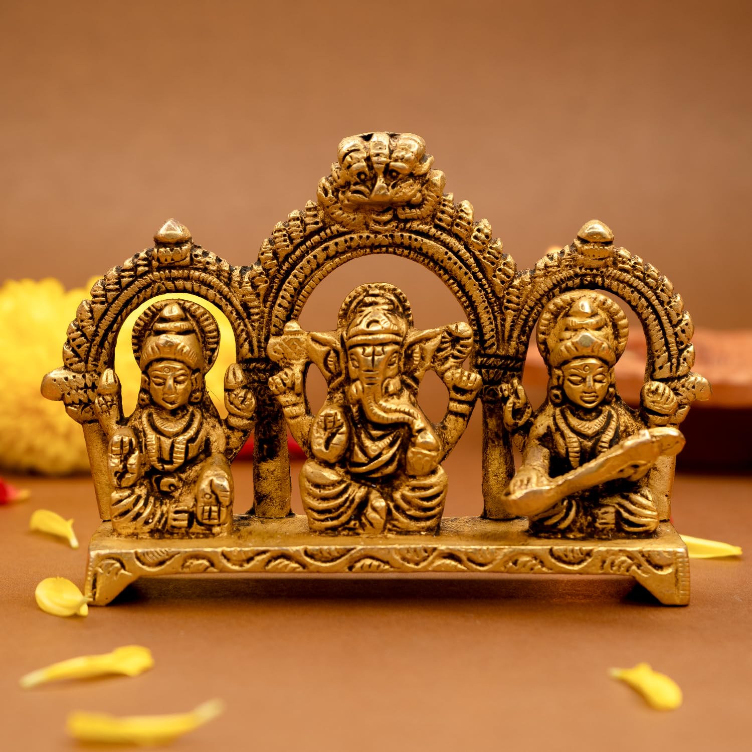 Ekhasa 100% Pure Brass Laxmi Ganesh Saraswati Murti (Size: 8.0 cm) | Lord Ganpati Lakshmi Saraswati Maa Idol for Diwali Puja | G