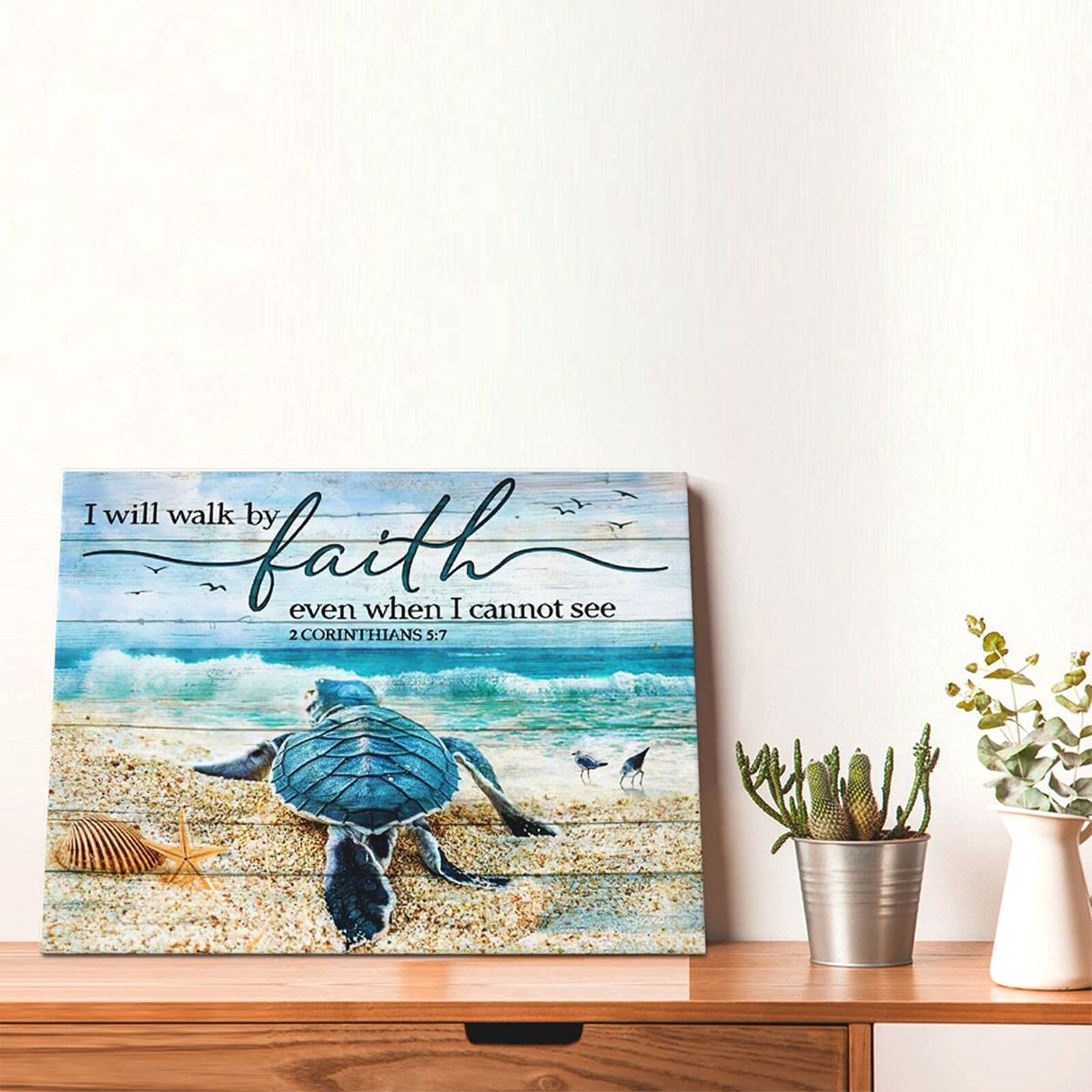 Tourrest Scripture Holy Bible Wall Art Teal Sea Turtle Walk By Faith Canvas Print Quotes Framed Artwork Blue Ocean Beach Coast S