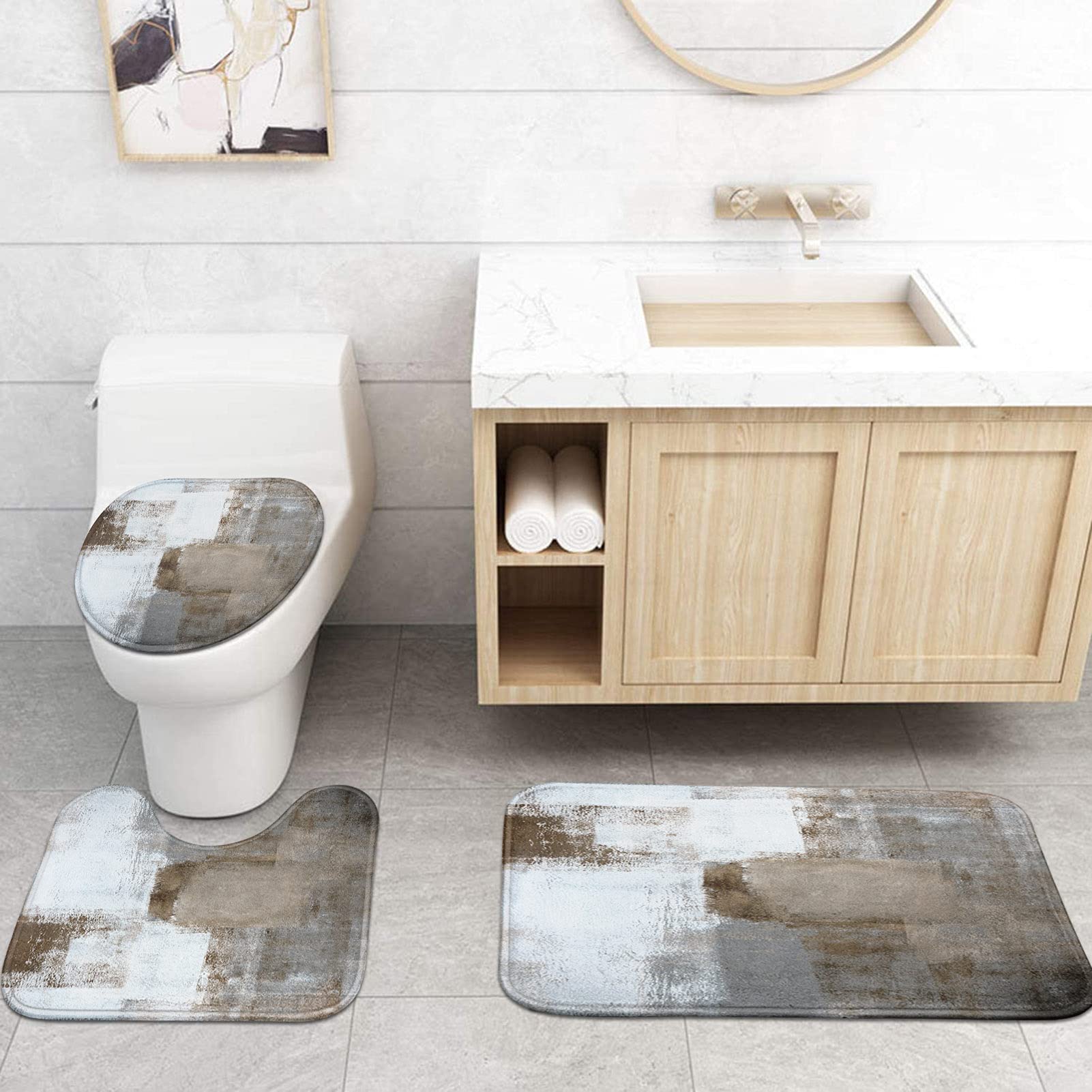 Artsocket Grey Brown Bathroom Set With Shower Curtain And Rugs Accessory,Gray Abstract Painting Modern Shower Curtain Set, Abstr