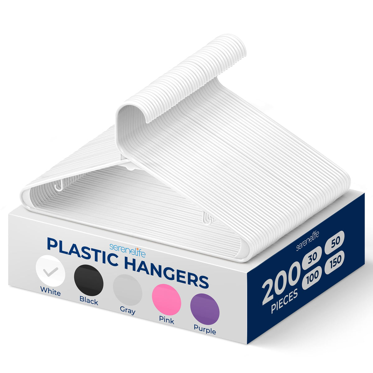 Serenelife White Plastic Hangers 200 Pcs, Durable Hanger Set With Slip Design, Tubular Hangers With 2 Integrated Strap Hooks, Me