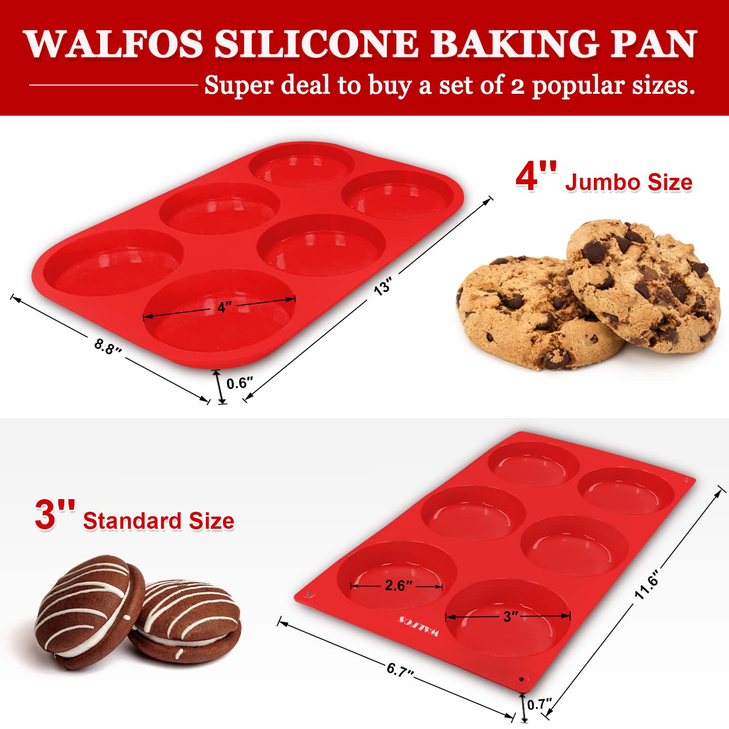 Walfos Flexible Silicone Muffin Top And Whoopie Pie Pans, Red, Set Of 2, Easy To Use And Clean, Wide Heat Resistance, Bpa Free,
