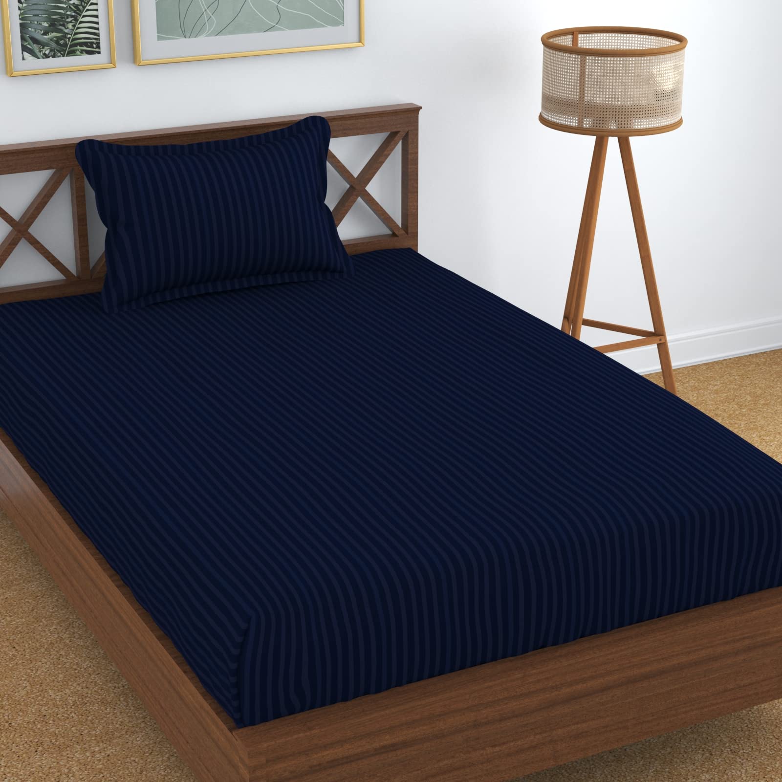 Homefab India 160 Tc Stripe Glace Cotton Single Bedsheet With 1 Pillow Cover - Navy Blue
