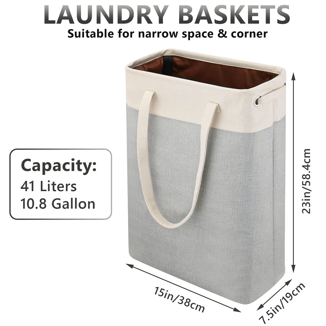 i BKGOO Laundry Basket with Handles Beige&Silver Slim Laundry Bin Collapsible Dirty Clothes Basket Narrow Laundry Bag Foldable Dirty Hamper for Camping  Dorms  Apartments