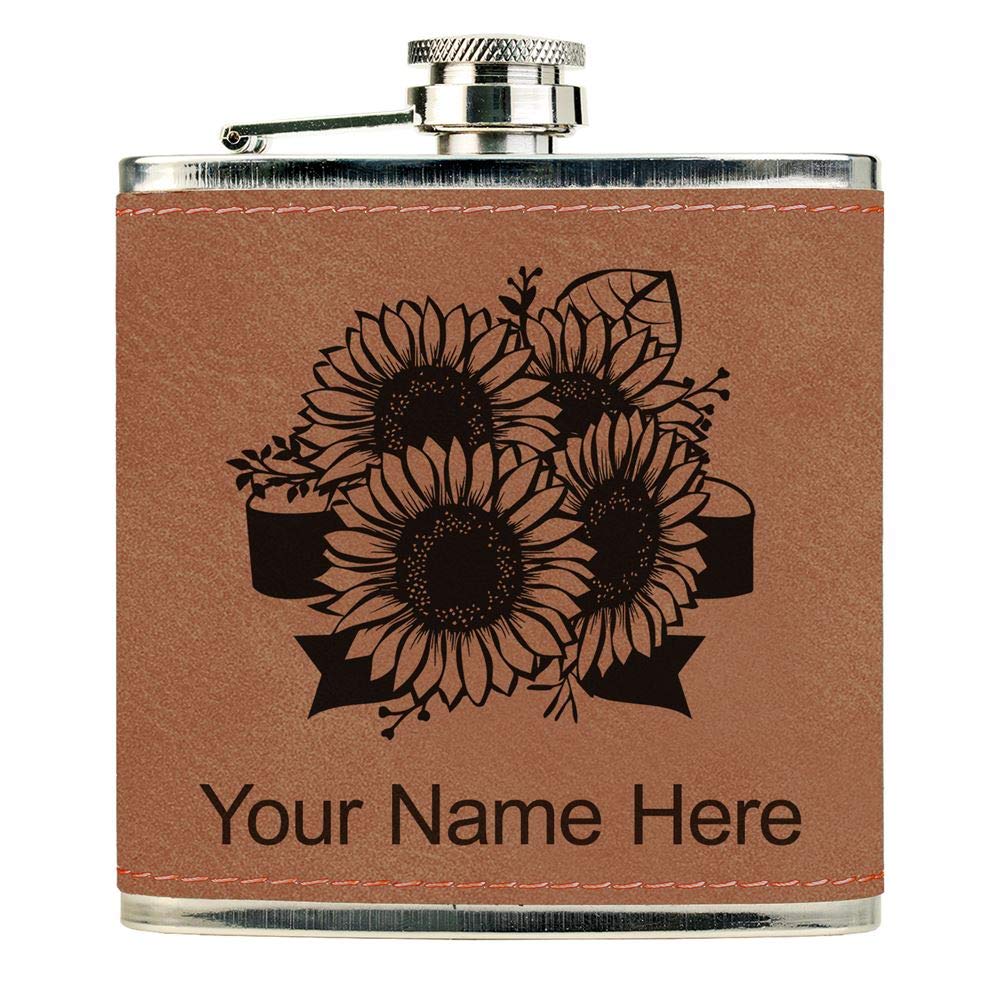 Faux Leather Flask, Sunflowers, Personalized Engraving Included (Dark Brown)