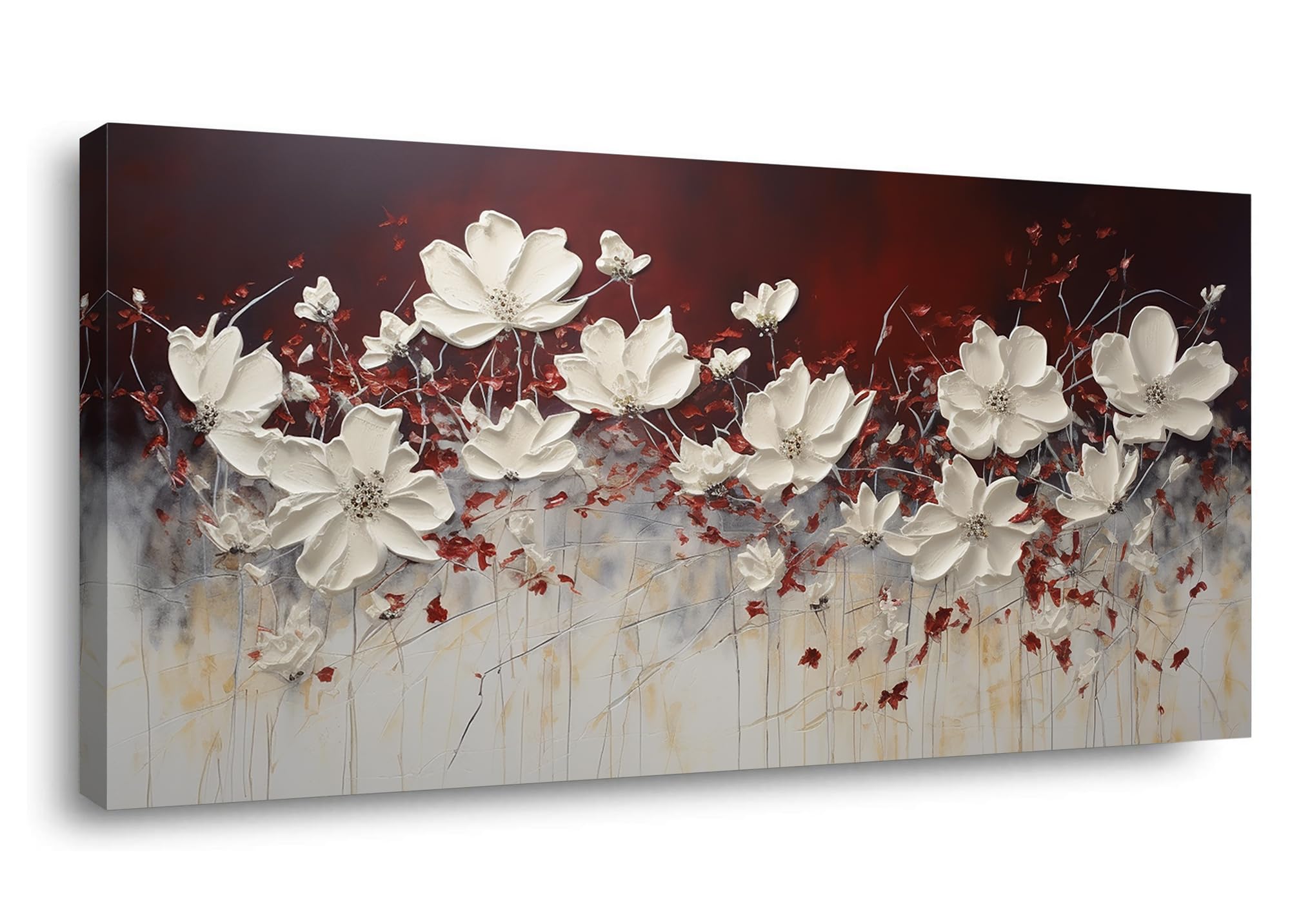 Lasdel Stretched Canvas Wall Art Of White Flowers Plant Picture For Living Room Bedroom Home Decoration, Beautiful White And Red