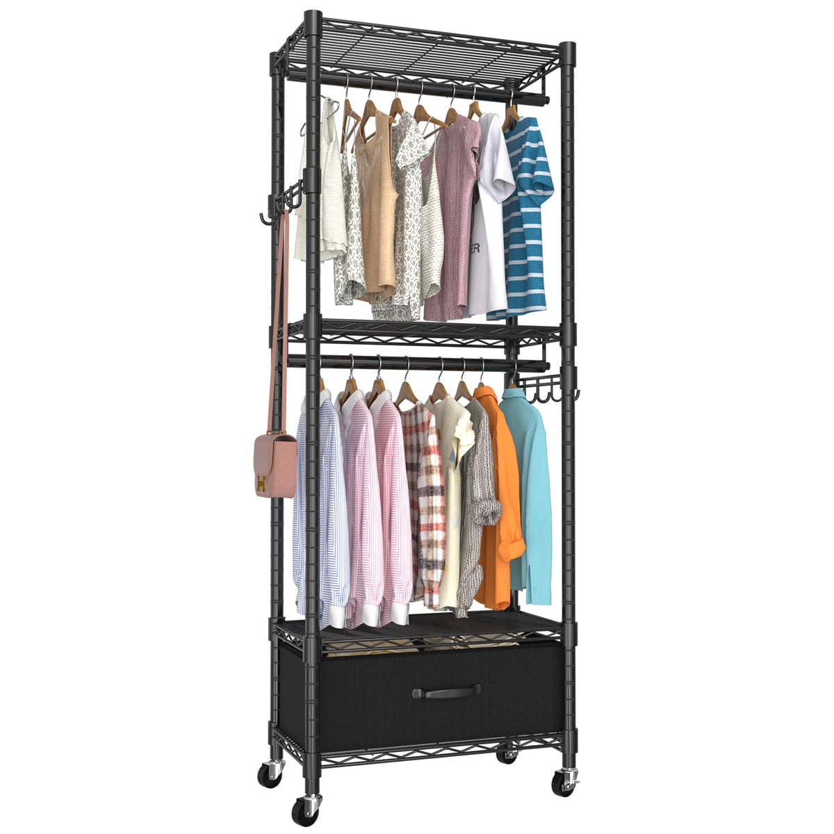 Vygrow Clothes Rack, Clothing Rack For Hanging Clothes, Kids Clothes Rack, 4 Tiers Adjustable Closet Organizer With Drawer | Dou