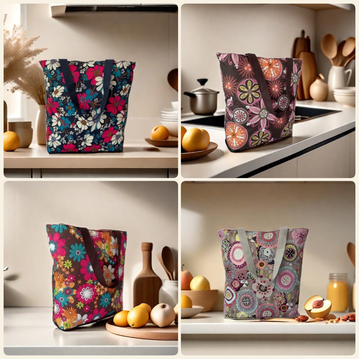 Nc 4 Pack Foldable Kitchen Reusable Grocery Bags Floral Designs With Zipper Folding Shopping Tote Bags Lightweight Durable Large
