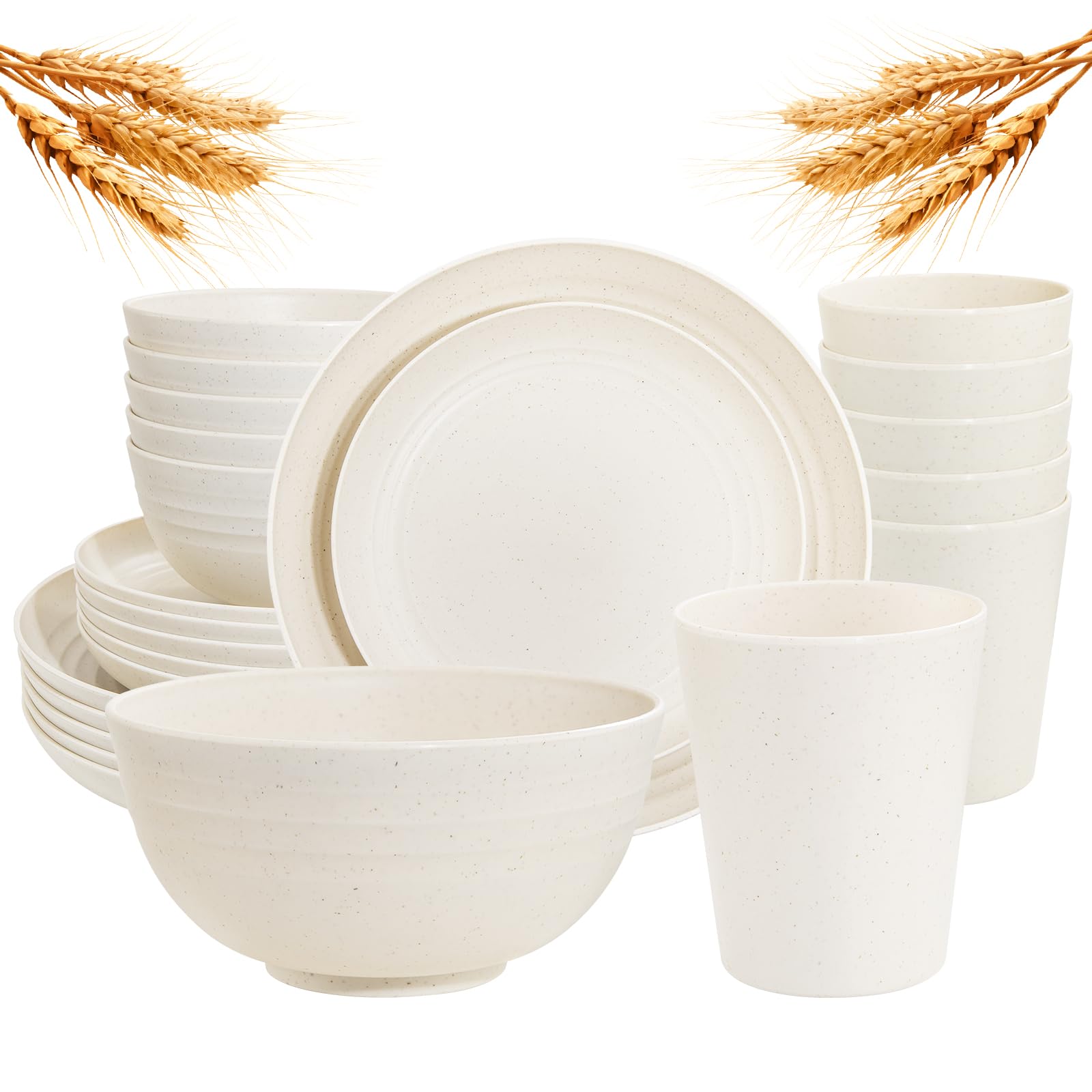 Rubtlamp 24 Pcs Wheat Straw Dinnerware Sets, Unbreakable Reusable Plastic Wheat Straw Bowls & Plates Dinner Set, Microwave And D