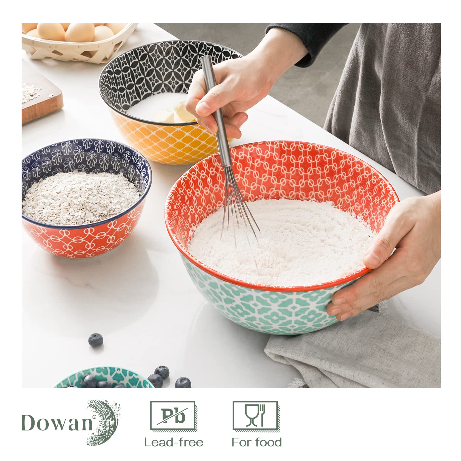 DOWAN Ceramic Mixing Bowls Set of 3, Multicolor, 3.7/2/1 Qt, Microwave & Dishwasher Safe, Vibrant Nesting Bowls for Cooking & Serving