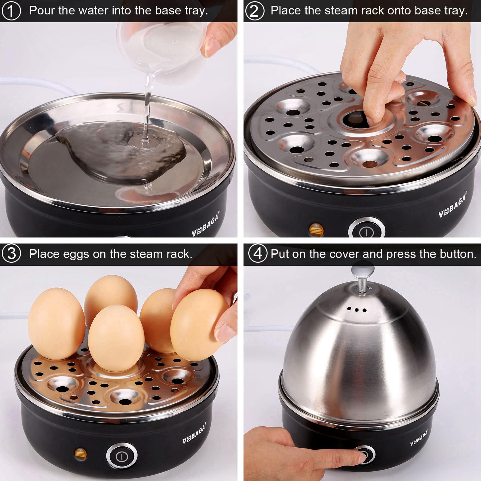 VOBAGA Electric Egg Cooker  Rapid Egg Boiler with Auto Shut Off for Soft  Medium  Hard Boiled  Poached  Steamed Eggs  Vegetables and Dumplings  Stainless Steel Tray with 7-Egg Capacity (Black)