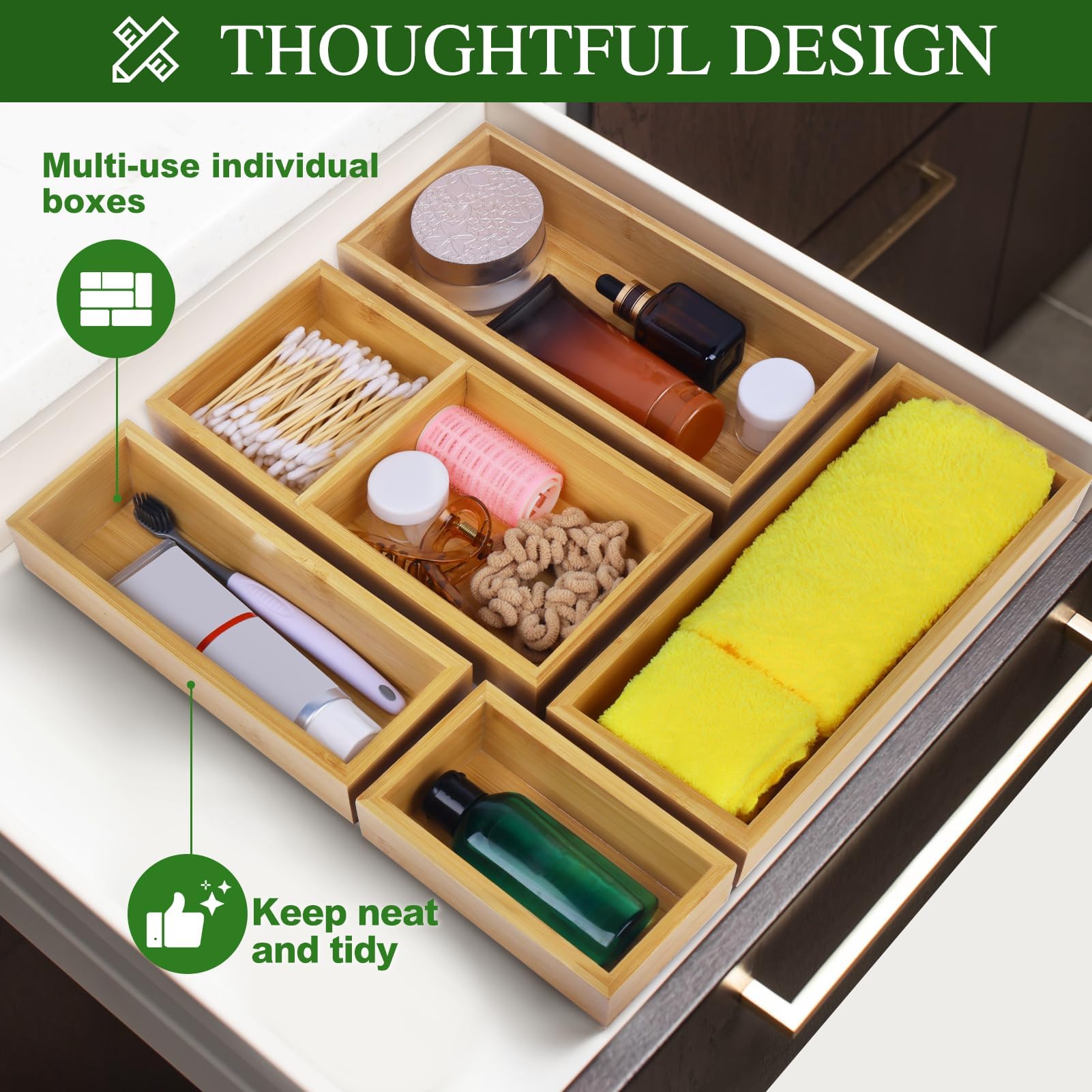 Bamboo Drawer Organizer Set, 5 PCS Multi-Use Individual Wood Storage Organizers, Junk Drawer Divider and Storage Trays Container