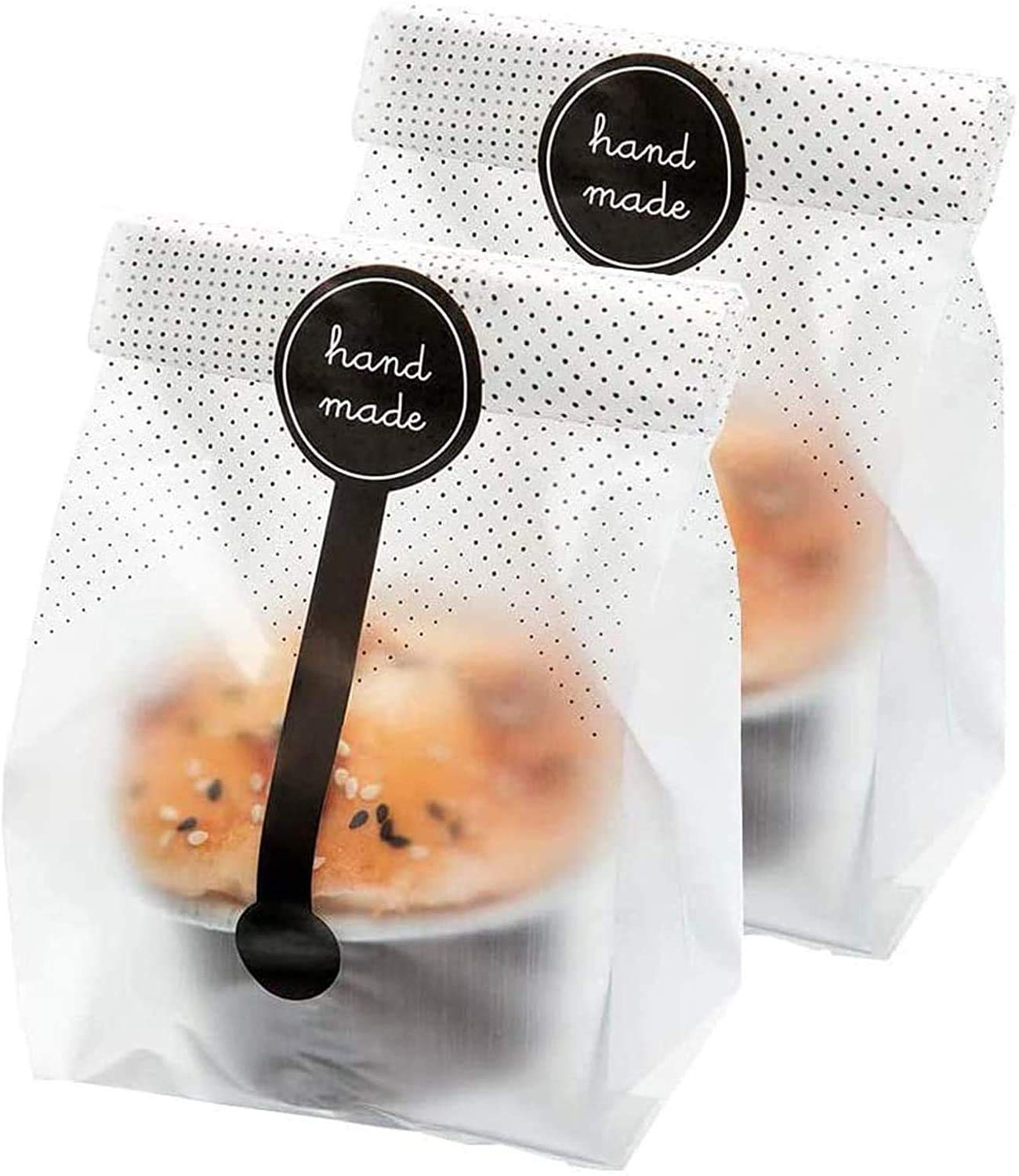 (200Pcs)100pcs Translucent Plastic Bags/Cellophane Bags with 100pcs Hand made Stickers for Cookie Cake Chocolate Candy Snack Wra