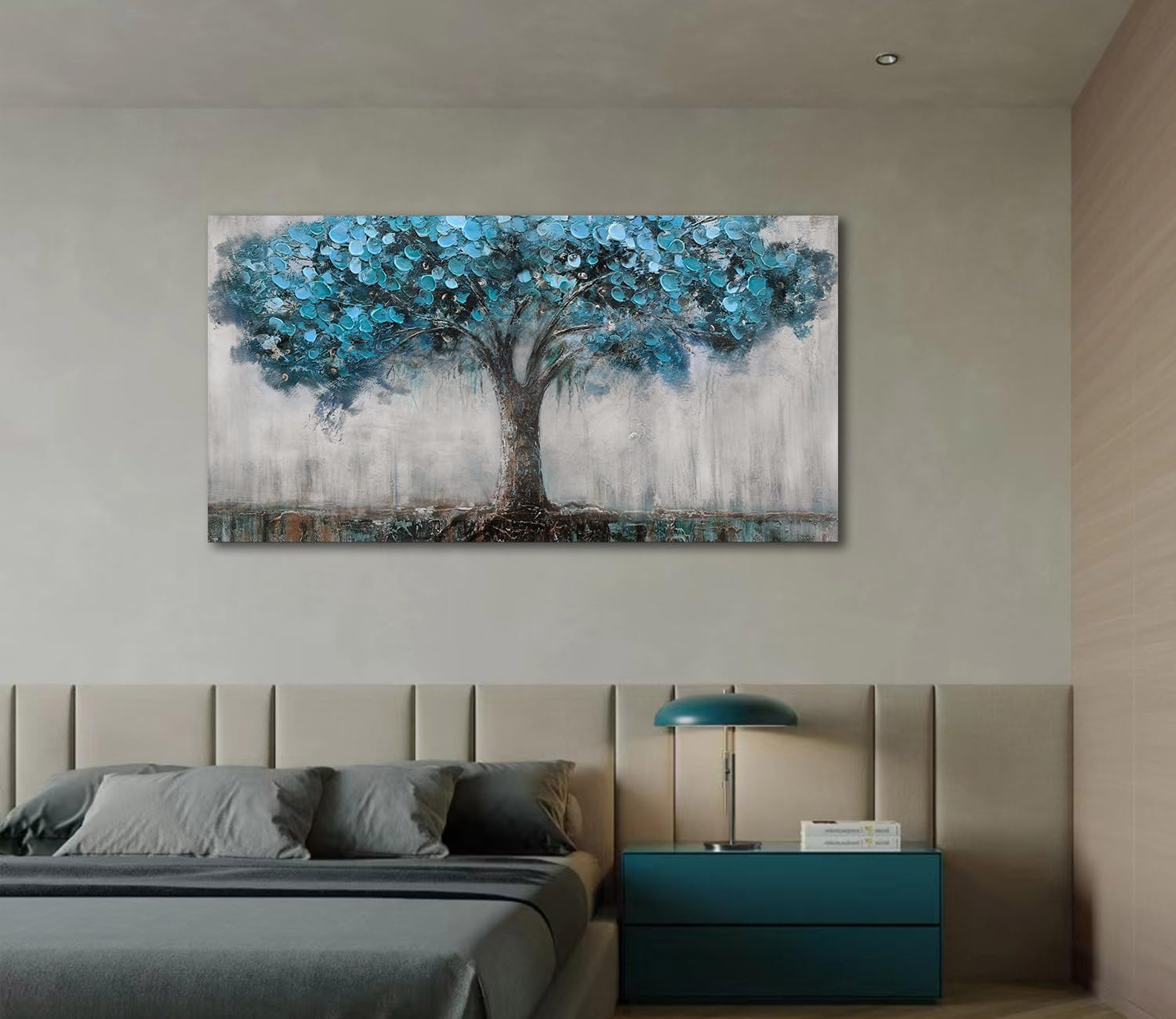 Anolyfi Wall Art Tree Abstract Canvas Picture Landscape Panoramic Blue Tree Painting For Living Room Large Decor, Textured Wrapp