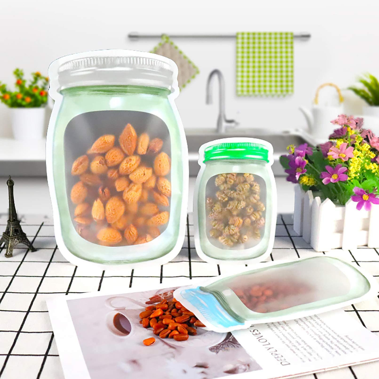 Enkrio 45 Pack Mason Bottle Shape Reusable Storage Bags Airtight Freezer Bags Seal Snack Bag For Food Travel Home Organization (