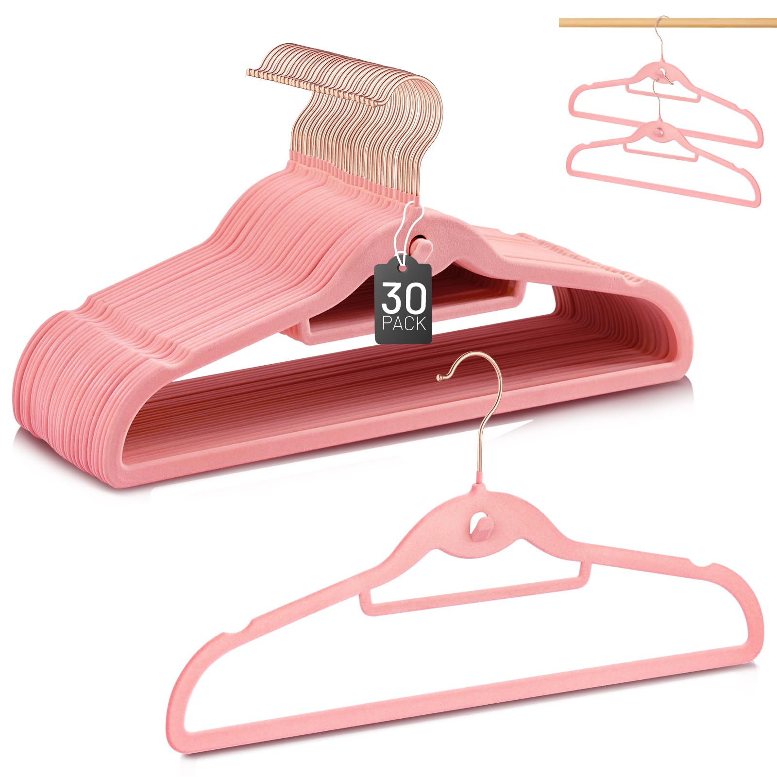 Velvet Hangers 30 Pack, Stopklas Pink Clothes Hangers Non Slip Felt Hangers With 360 Swivel Hook, Thin Hangers Space Saving, Hea