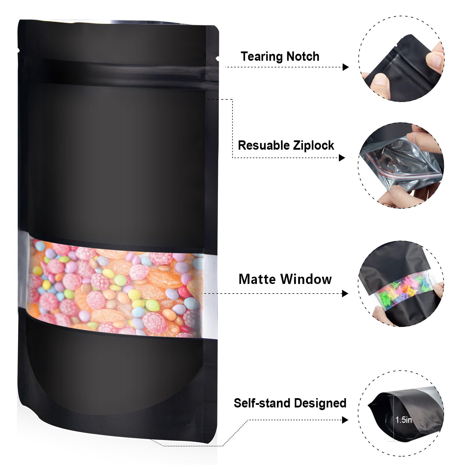 4''X6'' 120Pcs Mylar Bags For Food Storage,Smell Proof Bags With Matte Window Resealable Food Storage Bags For Small Business, S