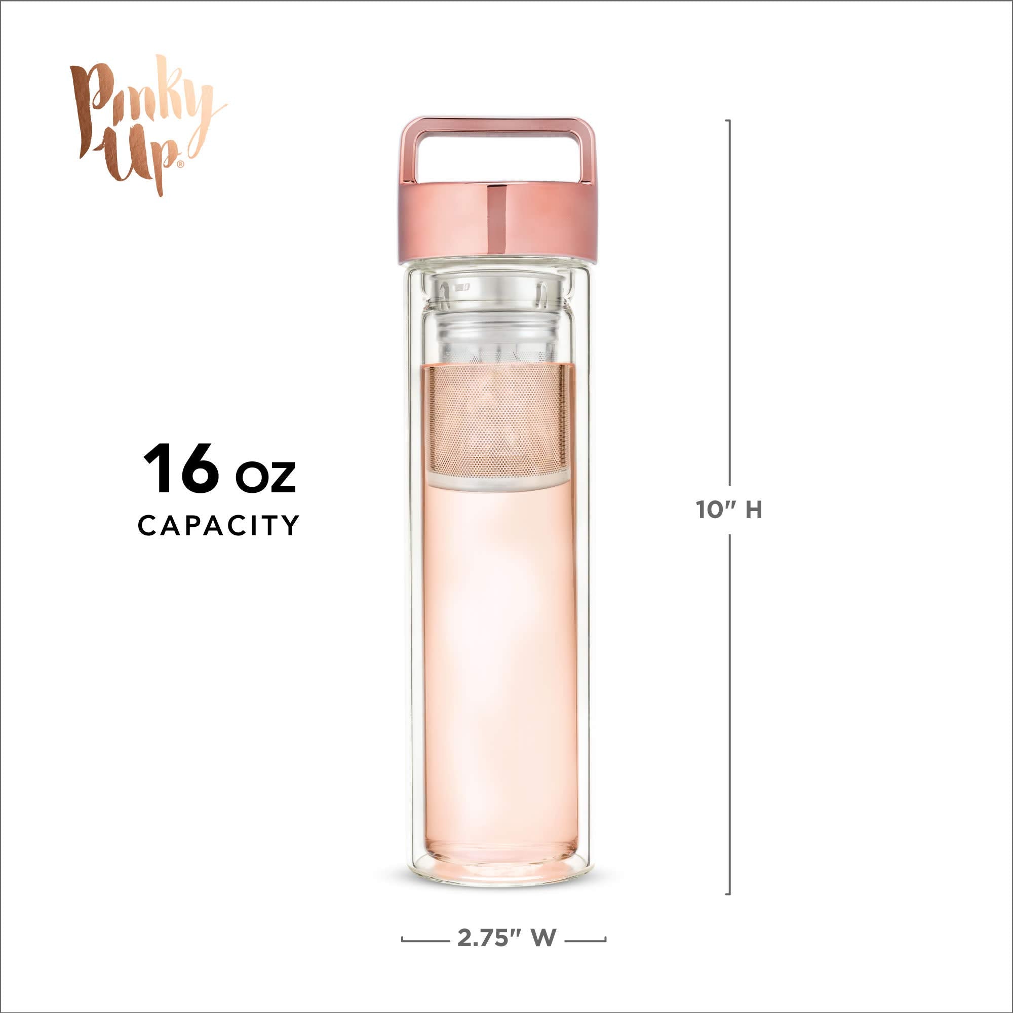 Pinky Up Dylan Travel Tea Infuser Mug, 16 oz Double Walled Insulated, Rose Gold, with Loose Leaf Strainer