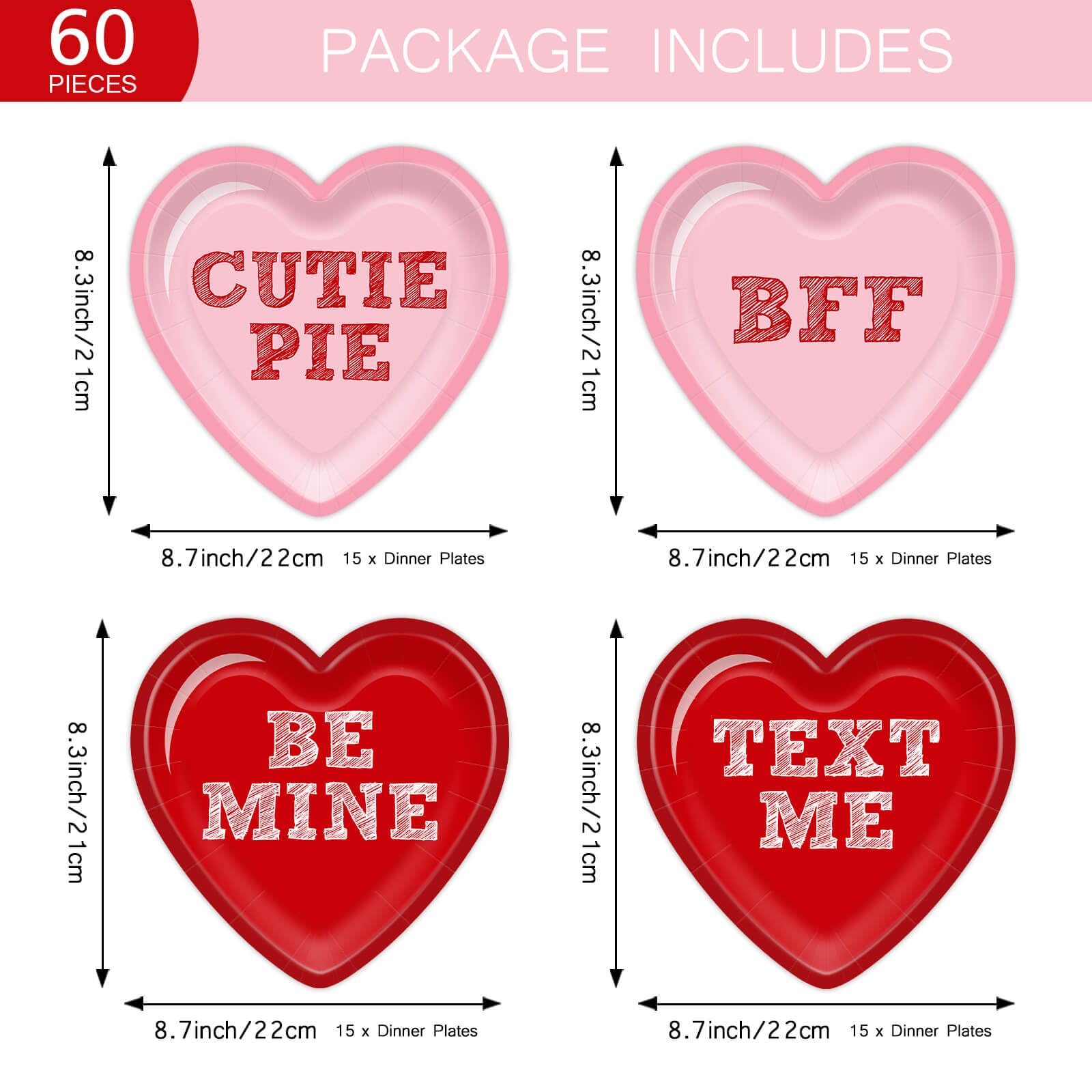 Aysimple 60Pcs Happy Valentines Day Paper Plates Conversation Heart Red Pink Disposable 9 Inch Heart Shaped Dessert Plates Table