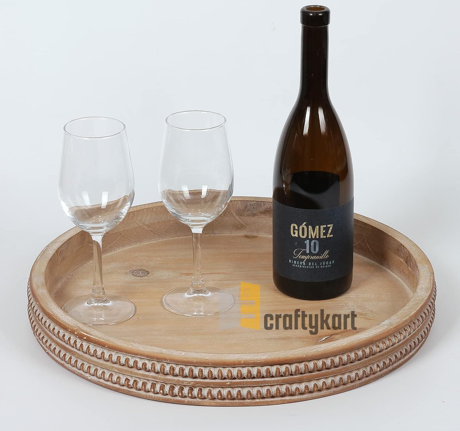 CRAFTYKART Round Wooden Serving Tray, Whitewashed Round Decorative Wood Tray, Round Farmhouse Rustic Decorative Tray, Perfect fo