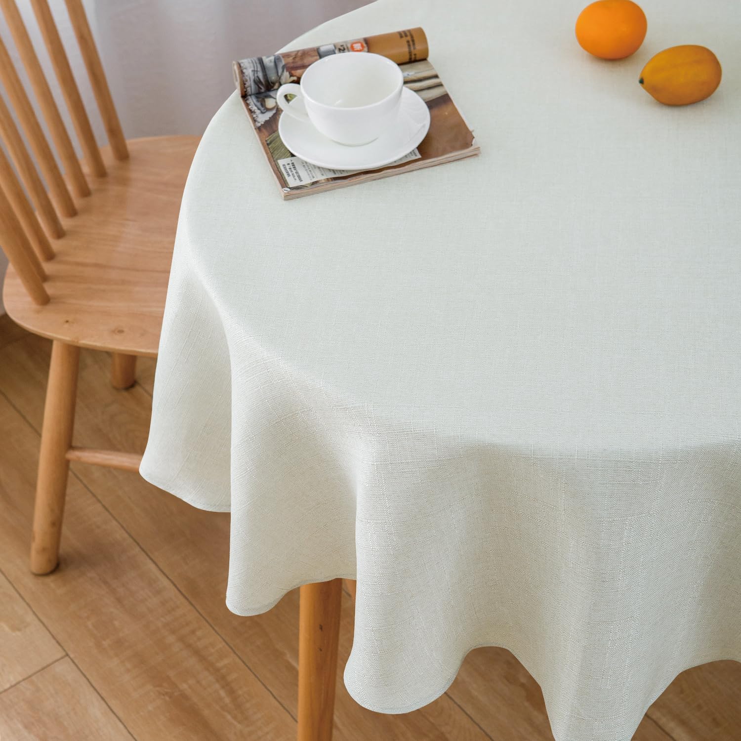 Nlmuvw White Linen Table Cloth Round 48 Inch Water Resistant Textured Tablecloth Decorative Farmhouse Table Cover For Dining Caf