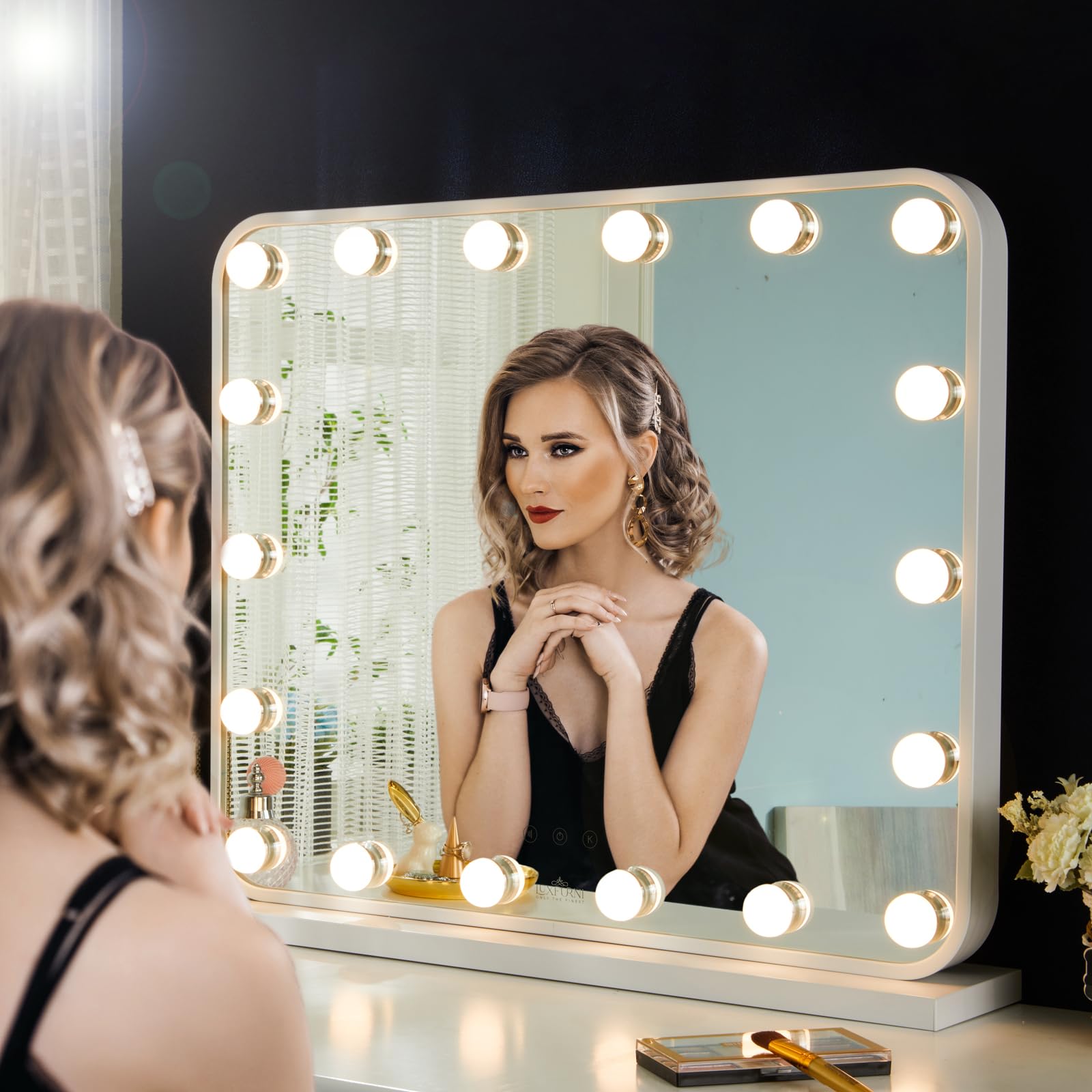 Luxfurni Large Hollywood Vanity Mirror With Lights, 25'' Lx21 W Lighted Makeup Mirror With 18 Dimmable Bulbs, Smart Touch Contro