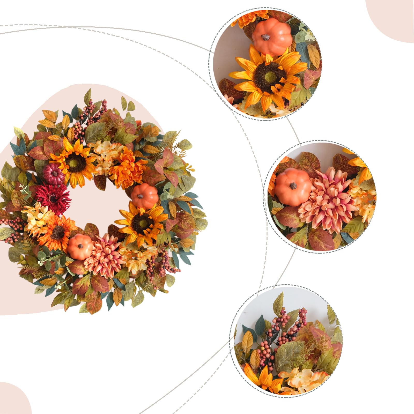 Bibelot 24 Inch Sunflower Pumpkin Fall Wreath for Front Door - Artificial Grapevine Harvest Decor with Dahlias & Hydrangeas, Tha