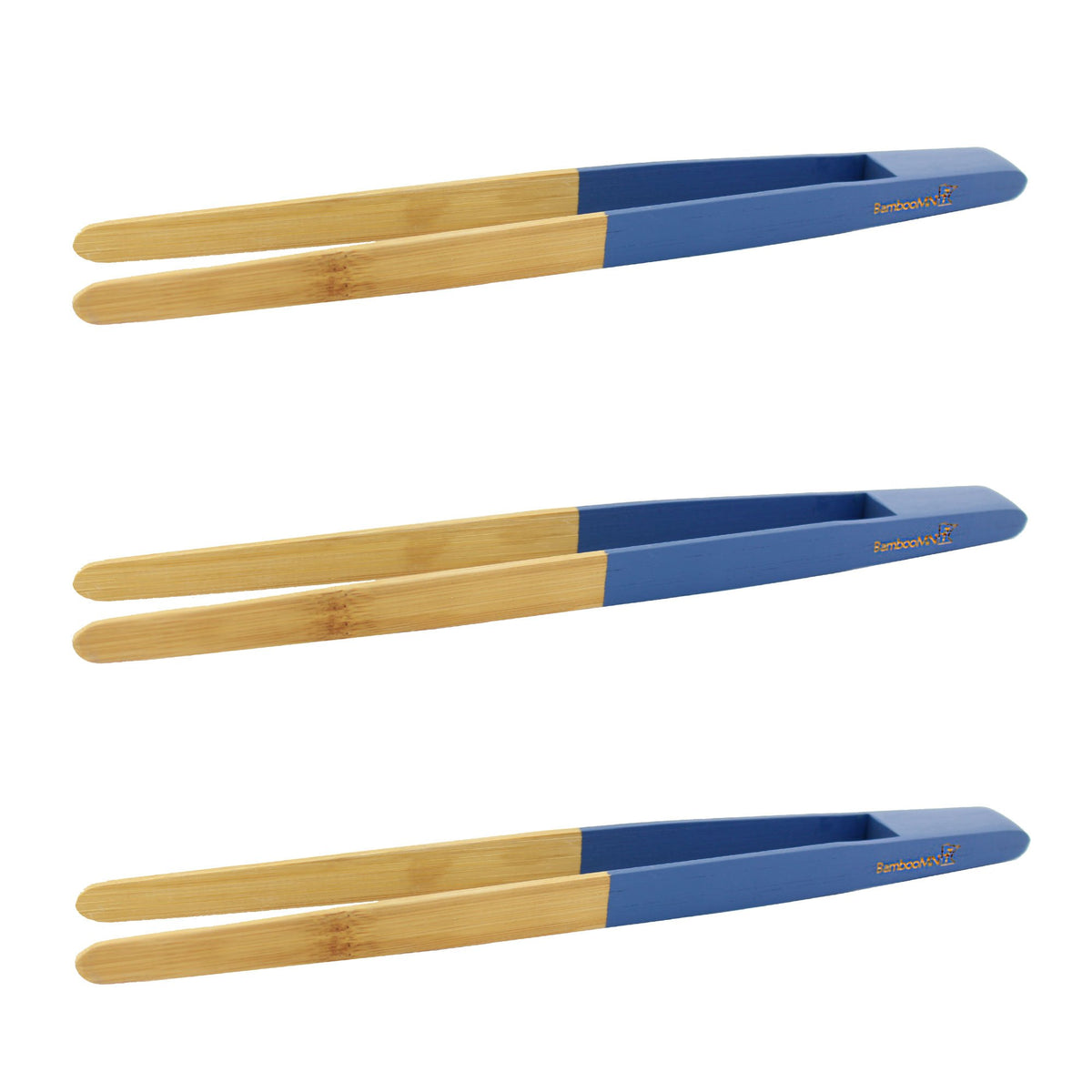 Bamboomn Premium 7.9'' Reusable Bamboo Kitchen ''A'' Toast Tongs For Cooking & Holding - Blue - 3 Pieces
