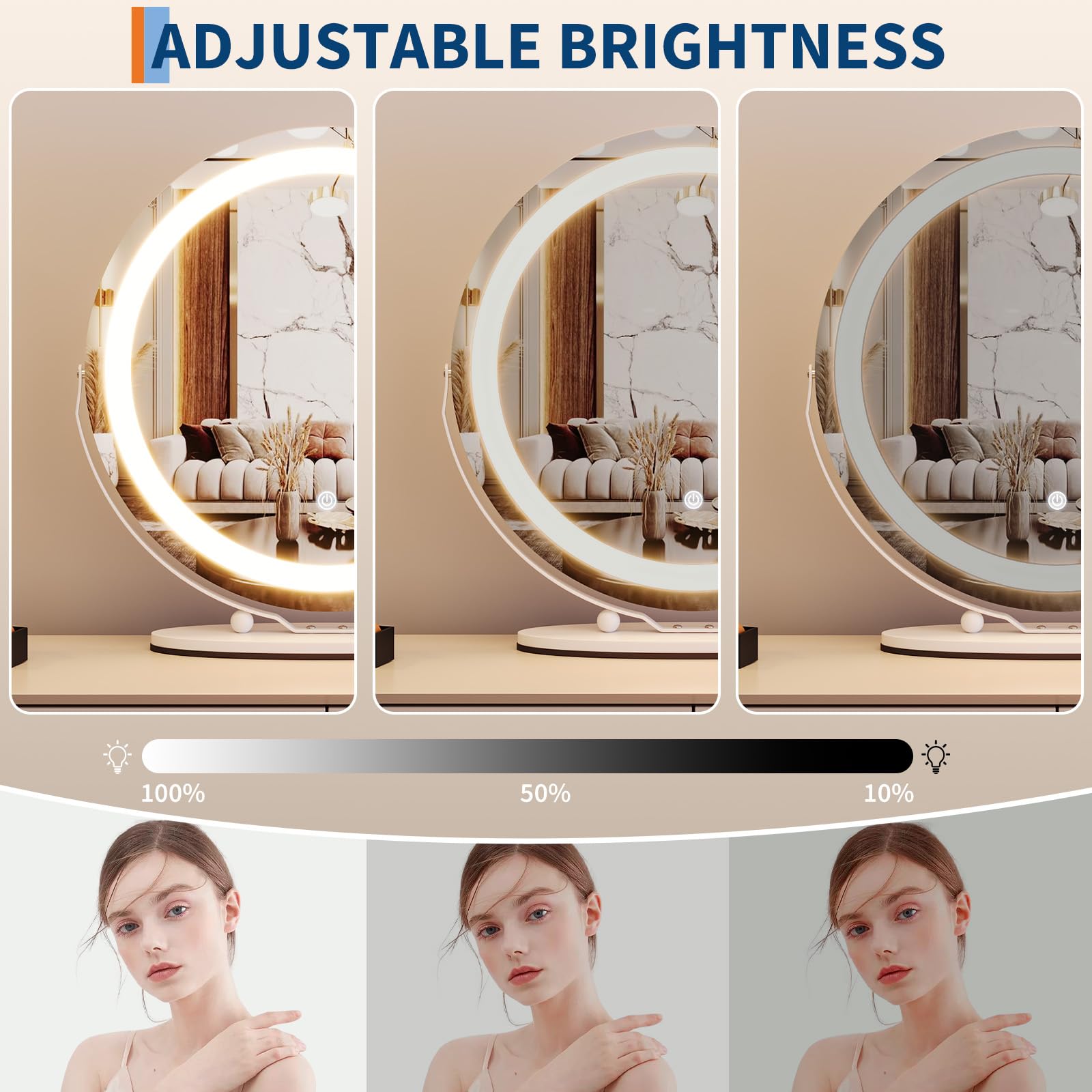 Idealhouse 19 Round Vanity Mirror With Lights, Large Vanity Mirror With 3 Color Lighting Dimmable, Smart Touch Control, 360Rotat