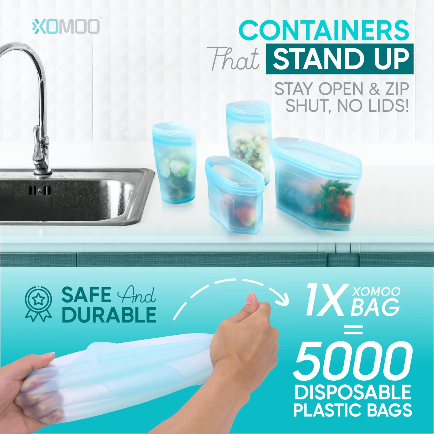 Reusable Food Container Silicone Bag, Upgrade Second Generation 6 Pcs Containers Storage, 100% Silicone Reusable Food Bag, Stand