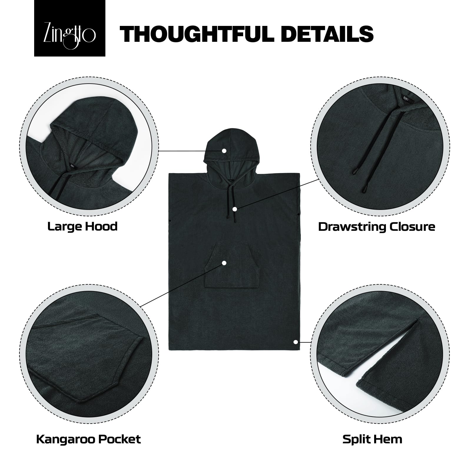 Zingtto Surf Poncho Changing Robe Extra Large Thick Towel Poncho For Men Women With Hood Pocket For Beach Swimming, 41''X33'', B