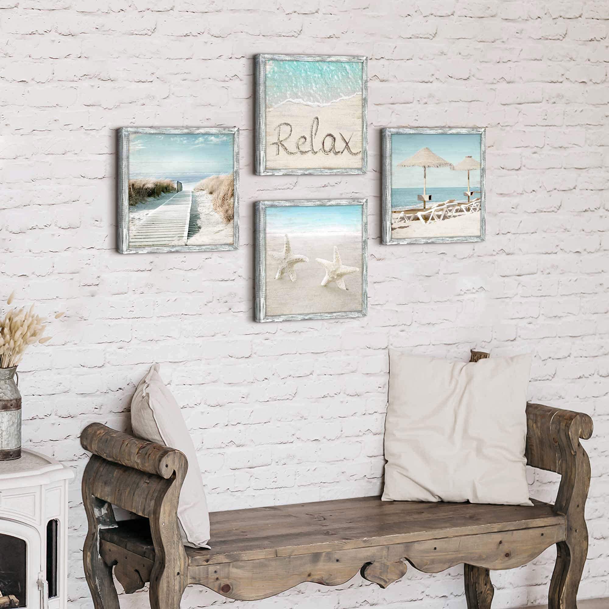 Ocean Framed Wood Wall Art: Beach Picture Seascape Artwork Coastal Prints Starfish Boardwalk Art Collection Wall Decor Set Of 4