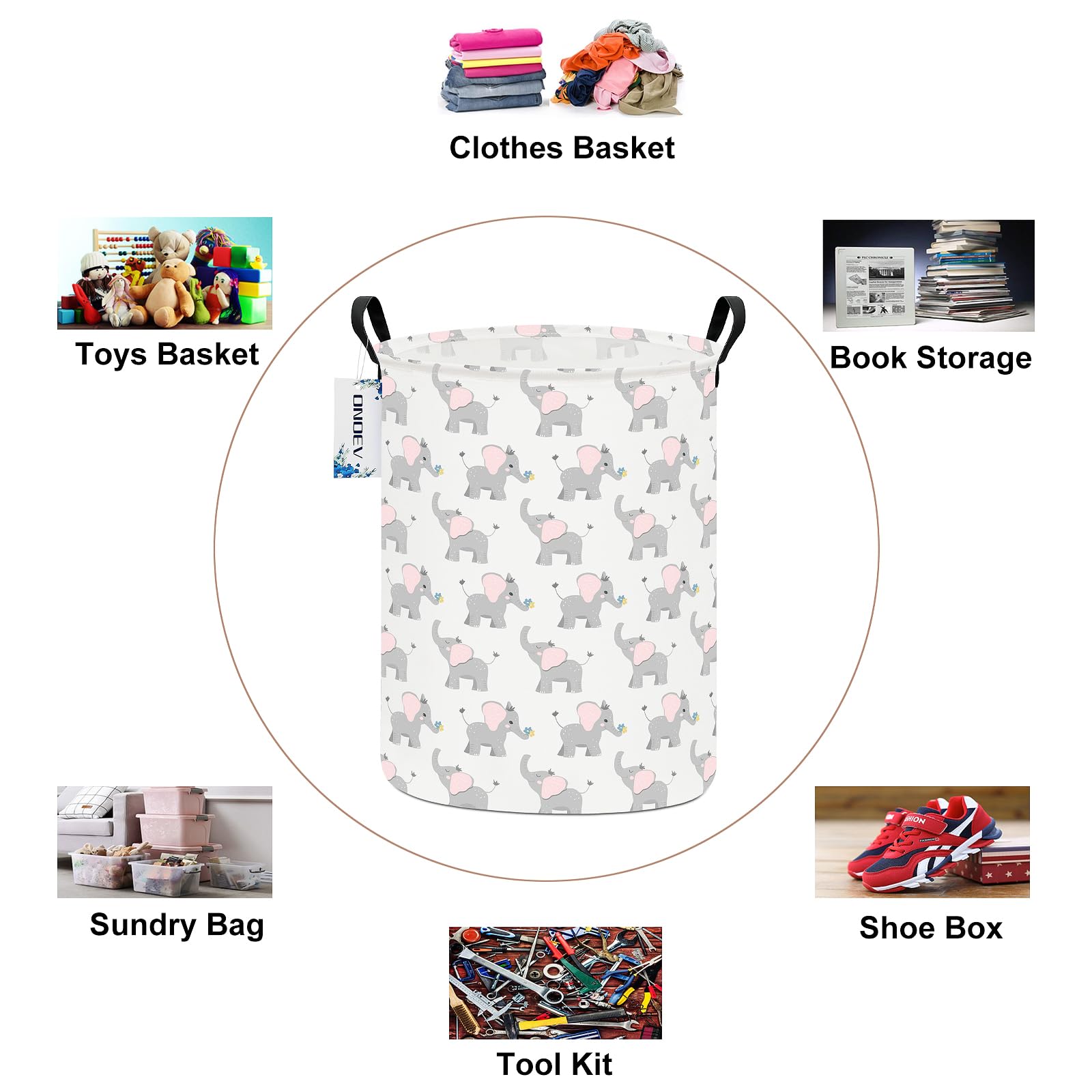 Onoev Round Waterproof Laundry Basket,Laundry Hampers With Handle,Gift Basket,Suitable For Children'S Room And Toy Storage (Elep
