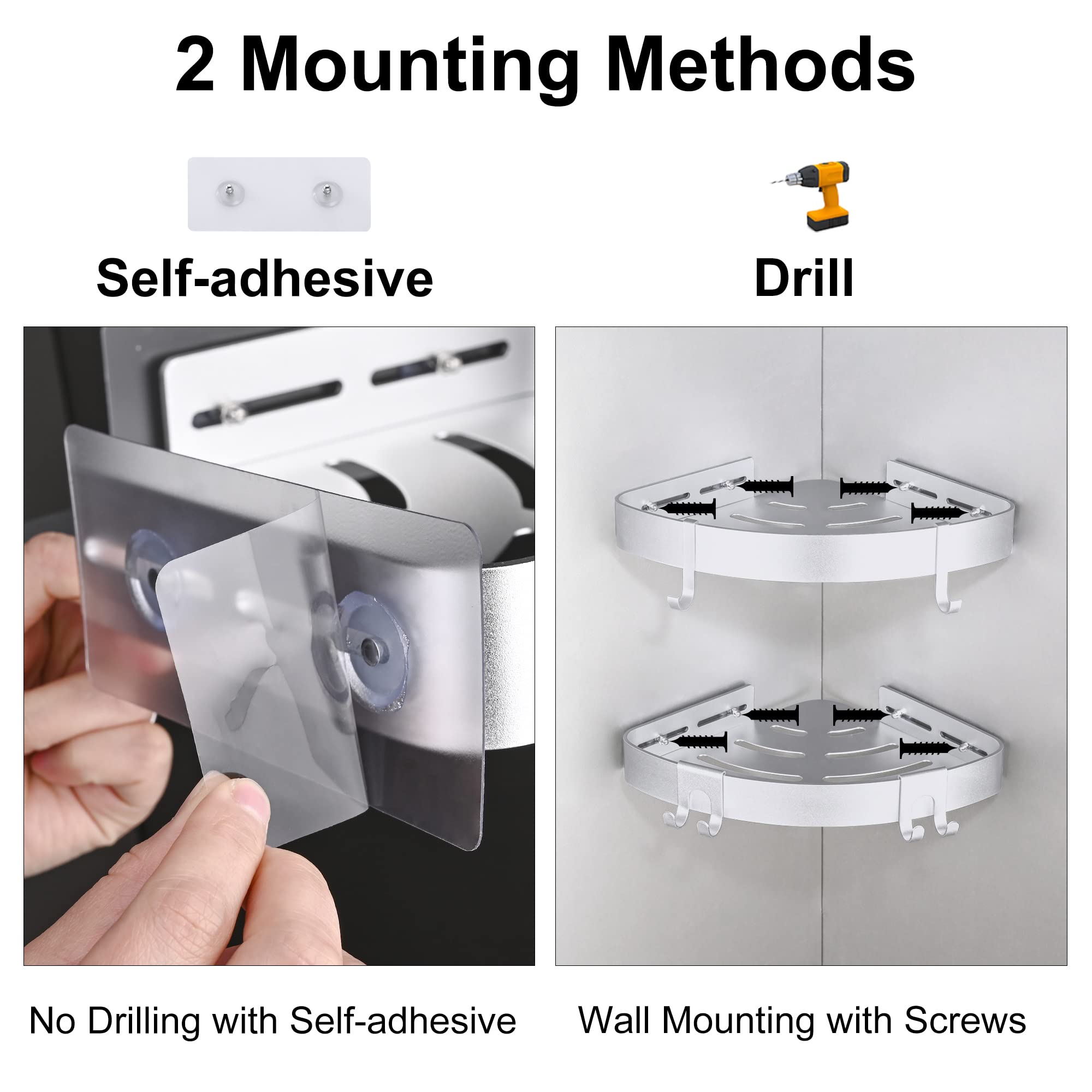 Dufu Adhesive Corner Shower Caddy With Hooks,Bathroom Shower Organizer, No Drilling Rust Proof Aluminum Shower Shelf For Inside