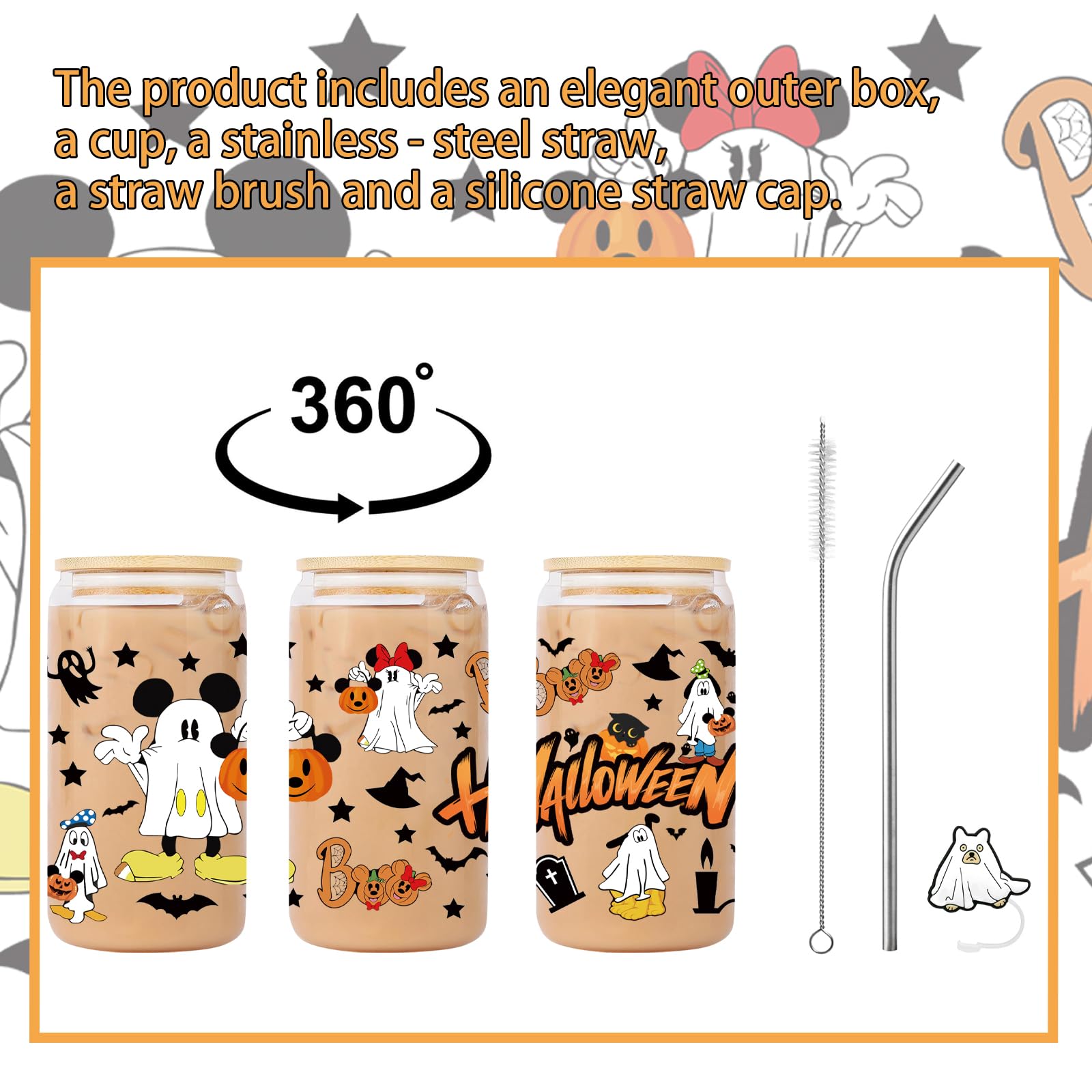 qiyeyeye 16oz Halloween Ghost Glass Cups with Lids and Straws, Cute Mouse and Pumpkin Pattern Design, Iced Coffee Tumblers,Hallo