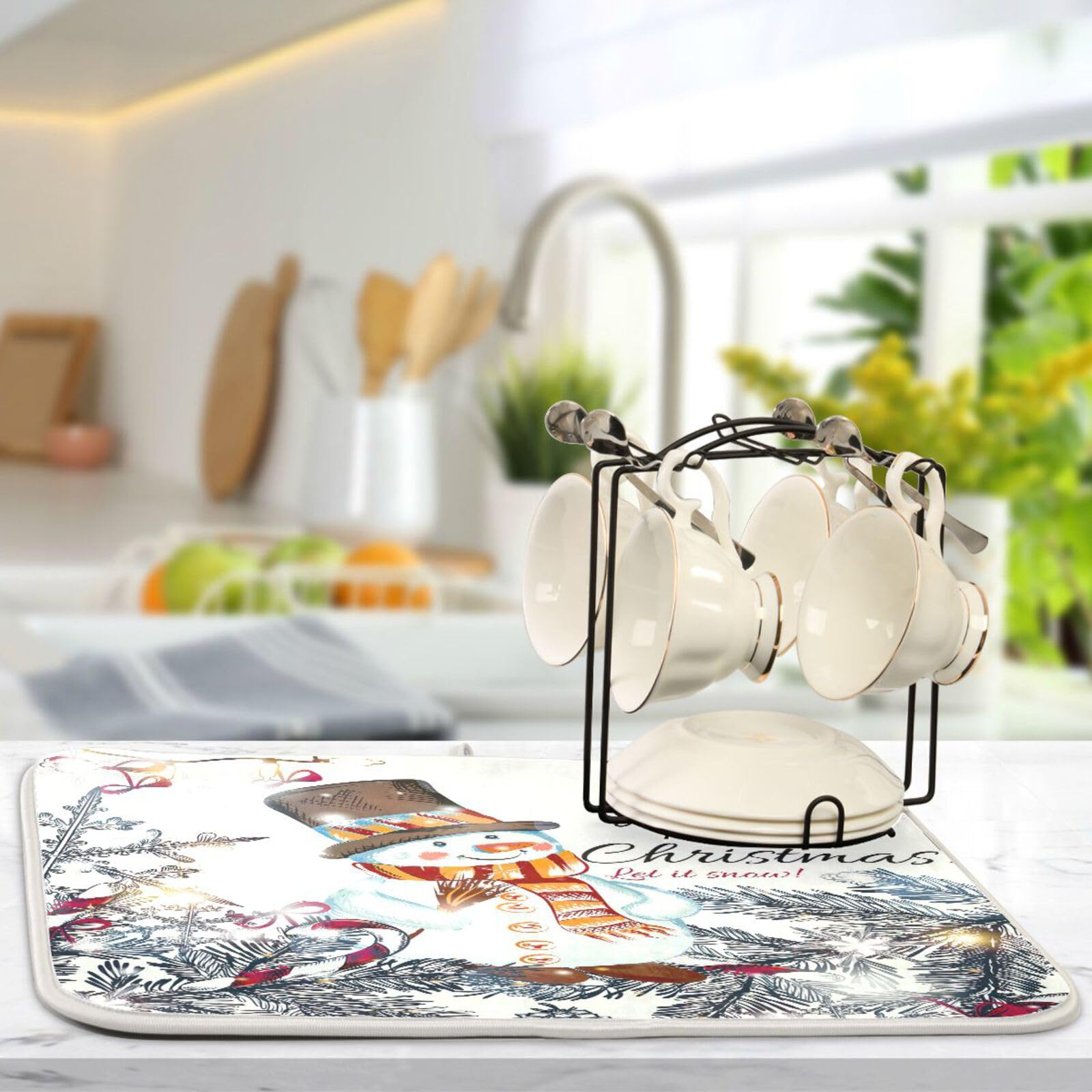 Cute Christmas Snowman Dish Drying Mat  Ultra Absorbent Reversible Microfiber  and Protector for Kitchen Countertops 18 In x 24 In