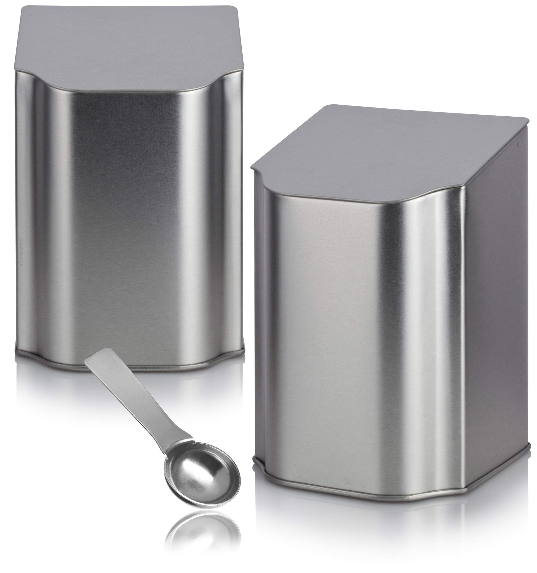 Juvitus Silver Hinged Flip Top Metal Tea Tin And Stainless Steel Metal Scoop Spoon, Coffee And Tea Container, Spices, Tea - Hold