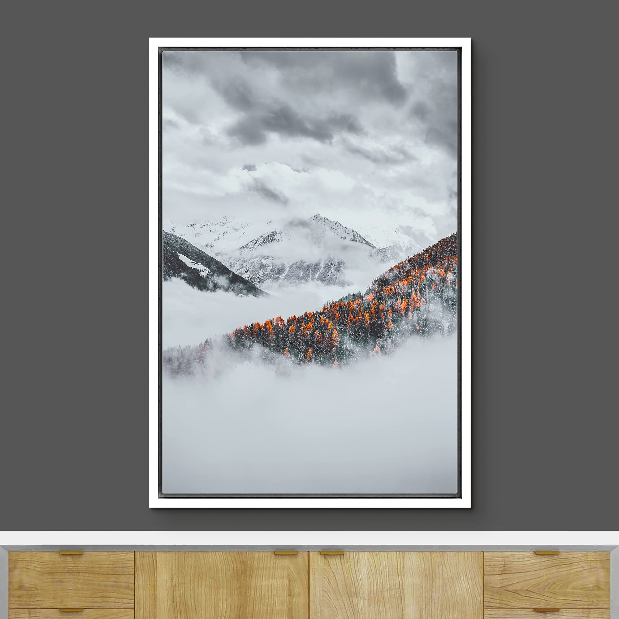 Ashbrook Framed Canvas Print Wall Art Mist Over Autumn Forest Mountains Nature Wilderness Photography Modern Rustic Scenic Multi