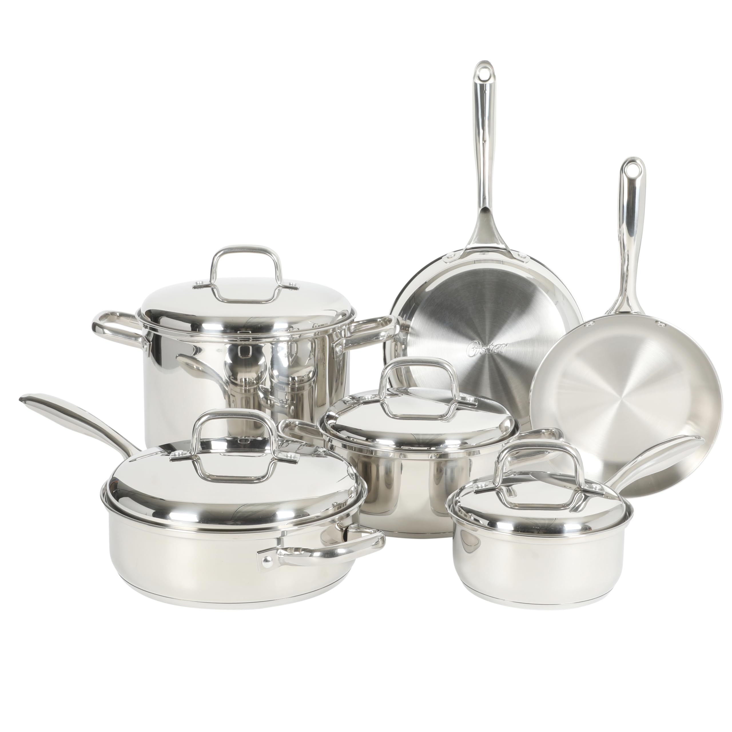 Oster Platinum Sedwick 10-Piece Stackable Stainless Steel Pots and Pans Cookware Set W/Domed Stainless Steel Lids W/TriPly Encap