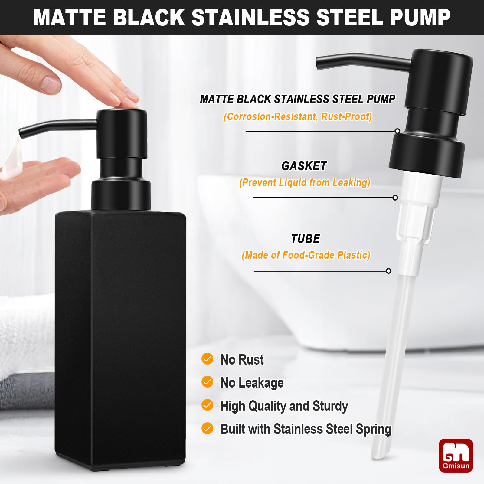 Gmisun Black Soap Dispenser, Soap Dispenser Bathroom, Glass Hand Soap Dispenser With Stainless Steel Pump, 12Oz Dish Soap Dispen