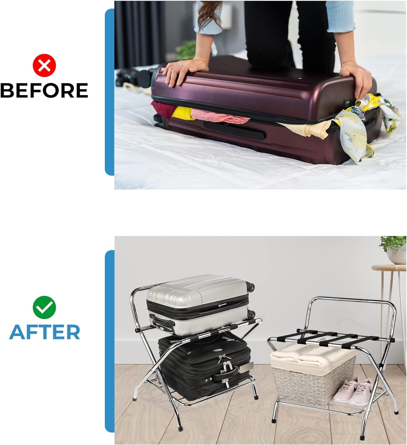 2-Shelf X-Shape Folding Luggage Rack with Nylon Straps