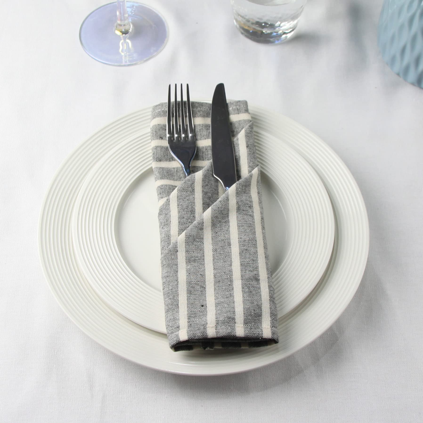 Infei Broad Striped Cotton Blended Dinner Cloth Napkins - Set Of 12 (17 X 17 Inches) - For Events & Home Use (Black)